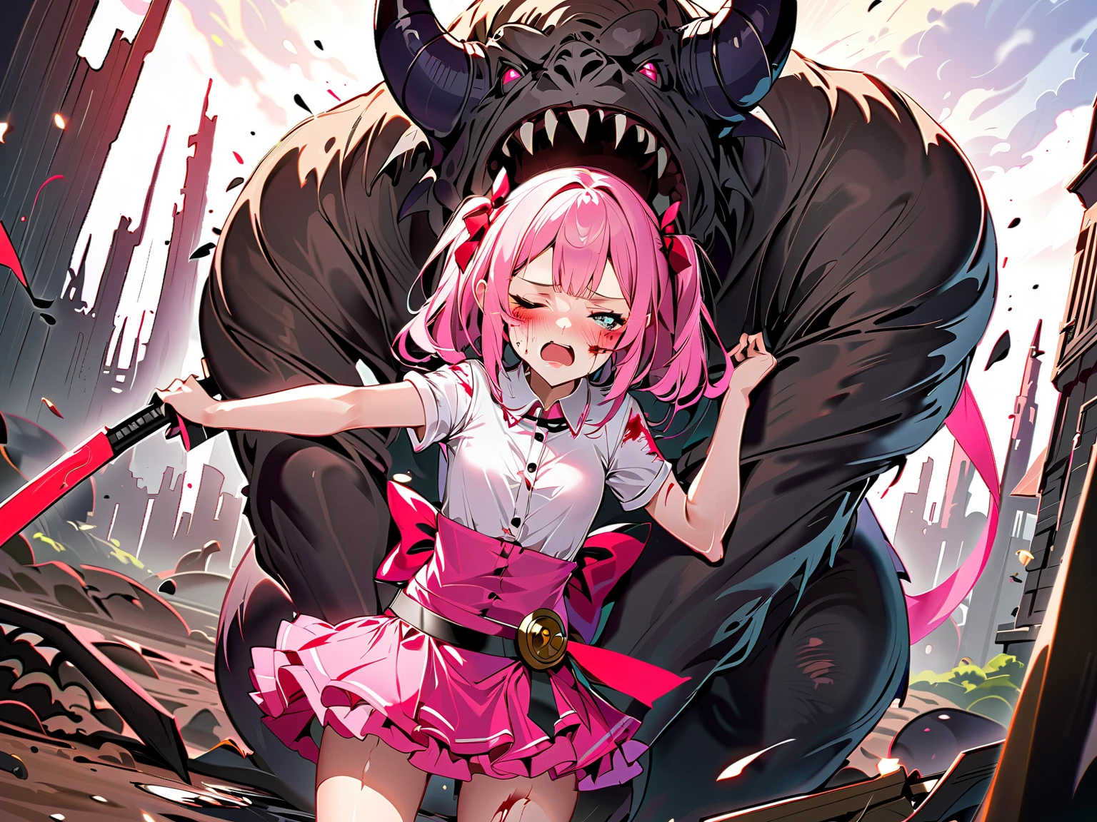 work of art, Leprechaunriding, a Leprechaun is riding a girl, Leprechaun, (all on all fours), 1 girl, (apron:1.1), (nose hook), Reins, collared, chain, lanyard, Hisako Arato, pink hair, shorth hair, pink eyes, Huge beast, empty eyes, empty eyes, to obey, controle mental, ssmile, happy trance, being abused, estruprada, penis in pussy,