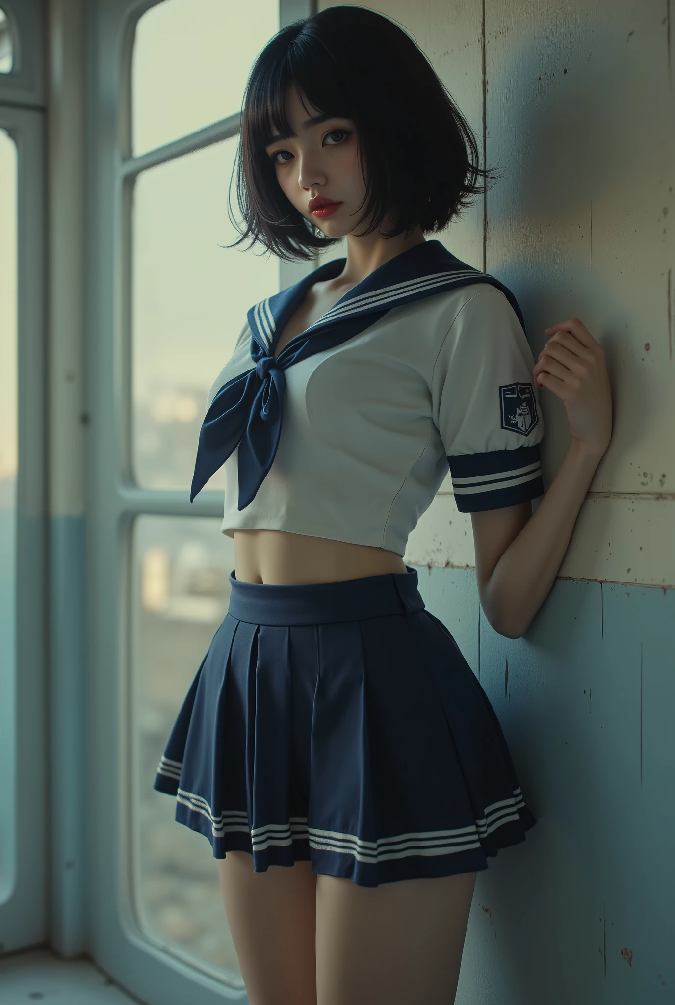 masterpiece, 8k, photorealistic, Raw photo, best quality, by Nomi glowing skin, (dynamic pose), turn back, It makes me breathe, Classic navy blue and white sailor suit , Summer clothes, excited expression, Hot Eyes, Natural black hair, bob cut hairstyle , silky transparent white skin, ( sweaty :1.3), best by Nomi depiction, ( very detailed美しい顔:1.5), beautiful dark eyes, Beautiful eyelashes, (cute:1.3), lip gloss, (Natural Breasts, Slim waist, natural buttocks), (High Detail Skin:1.2), ( perfect anatomy), ( top quality:1.4), ( very detailed), ( very detailed CG 統合 8k 壁紙), very detailed, high resolution RAW color photo, professional photo just standing and standing, by Nomi portrait, ( Detailed RAW Photos of Girls ), Canon EOS R5 250mm, sharp concentration, Cinema Lighting, detailed skin, Delicate clavicle, The detailed texture of the sailor uniform, Very by Nomi sailor uniform texture, ( ultra high resolution:1.6), ( by Nomi:1.6), (high school background),