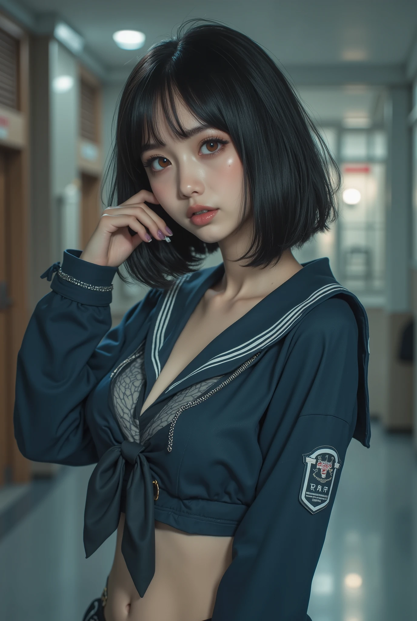 masterpiece, 8k, photorealistic, Raw photo, best quality, by Nomi glowing skin, (dynamic pose), turn back, It makes me breathe, Classic navy blue and white sailor suit , Summer clothes, excited expression, Hot Eyes, Natural black hair, bob cut hairstyle , silky transparent white skin, ( sweaty :1.3), best by Nomi depiction, ( very detailed美しい顔:1.5), beautiful dark eyes, Beautiful eyelashes, (cute:1.3), lip gloss, (Natural Breasts, Slim waist, natural buttocks), (High Detail Skin:1.2), ( perfect anatomy), ( top quality:1.4), ( very detailed), ( very detailed CG 統合 8k 壁紙), very detailed, high resolution RAW color photo, professional photo just standing and standing, by Nomi portrait, ( Detailed RAW Photos of Girls ), Canon EOS R5 250mm, sharp concentration, Cinema Lighting, detailed skin, Delicate clavicle, The detailed texture of the sailor uniform, Very by Nomi sailor uniform texture, ( ultra high resolution:1.6), ( by Nomi:1.6), (high school background),