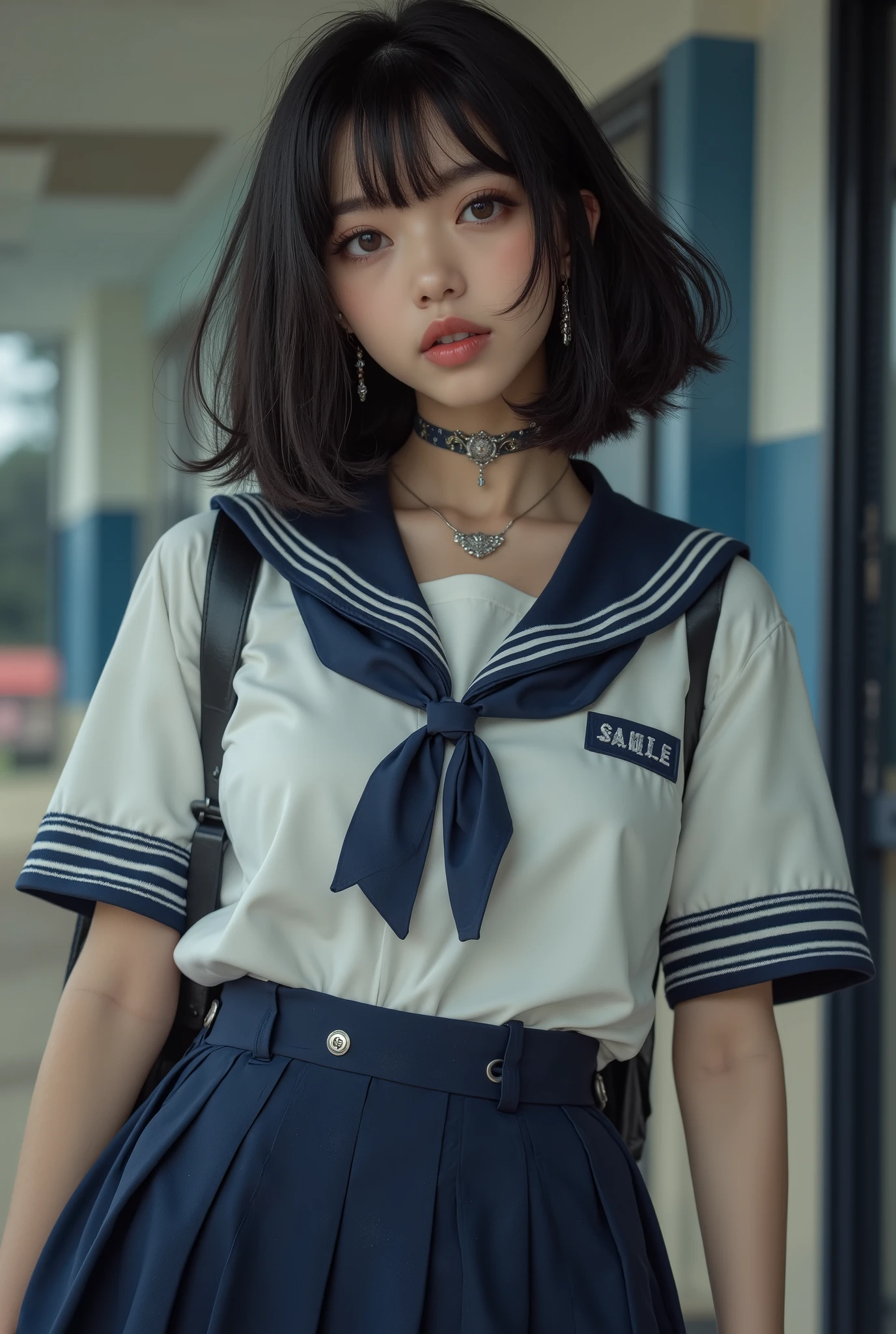 masterpiece, 8k, photorealistic, Raw photo, best quality, by Nomi glowing skin, (dynamic pose), turn back, It makes me breathe, Classic navy blue and white sailor suit , Summer clothes, excited expression, Hot Eyes, Natural black hair, bob cut hairstyle , silky transparent white skin, ( sweaty :1.3), best by Nomi depiction, ( very detailed美しい顔:1.5), beautiful dark eyes, Beautiful eyelashes, (cute:1.3), lip gloss, (Natural Breasts, Slim waist, natural buttocks), (High Detail Skin:1.2), ( perfect anatomy), ( top quality:1.4), ( very detailed), ( very detailed CG 統合 8k 壁紙), very detailed, high resolution RAW color photo, professional photo just standing and standing, by Nomi portrait, ( Detailed RAW Photos of Girls ), Canon EOS R5 250mm, sharp concentration, Cinema Lighting, detailed skin, Delicate clavicle, The detailed texture of the sailor uniform, Very by Nomi sailor uniform texture, ( ultra high resolution:1.6), ( by Nomi:1.6), (high school background),