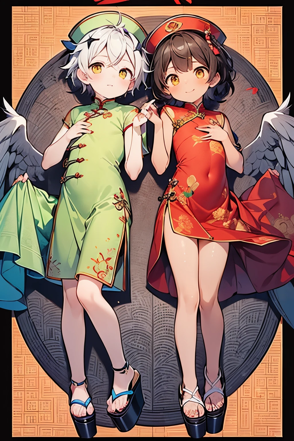 ((boy :1.3)),((handsome Gay:1.2)),(( An Adult Man :1.15)),Smiling while blushing ,short Karl hair,orange hair,(Twinkle star pattern background:1.25),Red,yellow,purple,((dark skin body:1.5)), shiny ,((top view:1.0)),(touch your chest with both hands over your clothes:1.15),((Platform sandals:1.25)),((show your thighs:1.0)),((yellow luxurious cheongsam:1.1)),(yellow Mandarin gown:1.15),((Chinese Headdress:1.0)),(gorgeous hairpin:1.0),((twins:1.3))