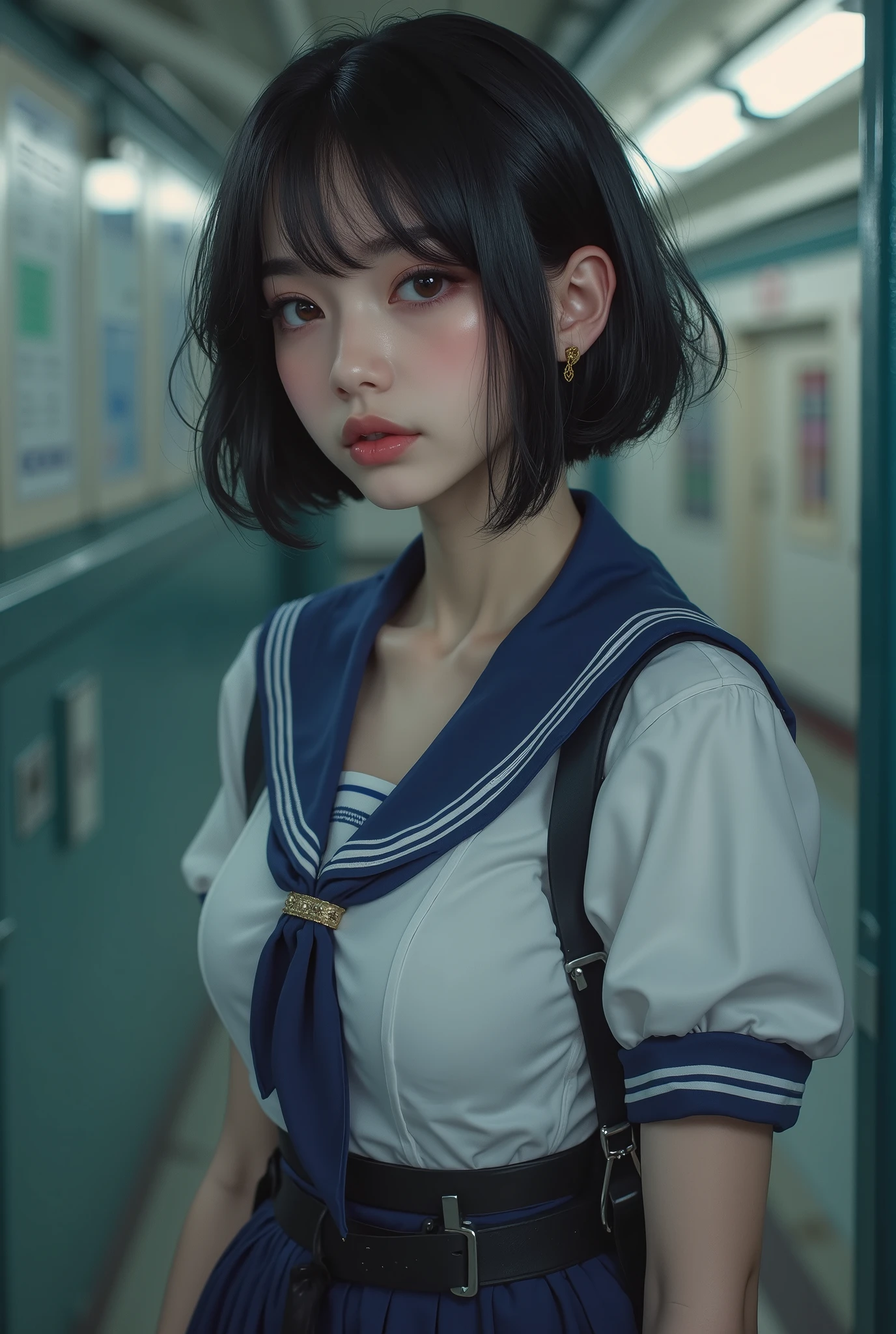masterpiece, 8k, photorealistic, Raw photo, best quality, by Nomi glowing skin, (dynamic pose), turn back, It makes me breathe, Classic navy blue and white sailor suit , Summer clothes, excited expression, Hot Eyes, Natural black hair, bob cut hairstyle , silky transparent white skin, ( sweaty :1.3), best by Nomi depiction, ( very detailed美しい顔:1.5), beautiful dark eyes, Beautiful eyelashes, (cute:1.3), lip gloss, (Natural Breasts, Slim waist, natural buttocks), (High Detail Skin:1.2), ( perfect anatomy), ( top quality:1.4), ( very detailed), ( very detailed CG 統合 8k 壁紙), very detailed, high resolution RAW color photo, professional photo just standing and standing, by Nomi portrait, ( Detailed RAW Photos of Girls ), Canon EOS R5 250mm, sharp concentration, Cinema Lighting, detailed skin, Delicate clavicle, The detailed texture of the sailor uniform, Very by Nomi sailor uniform texture, ( ultra high resolution:1.6), ( by Nomi:1.6), (high school background),