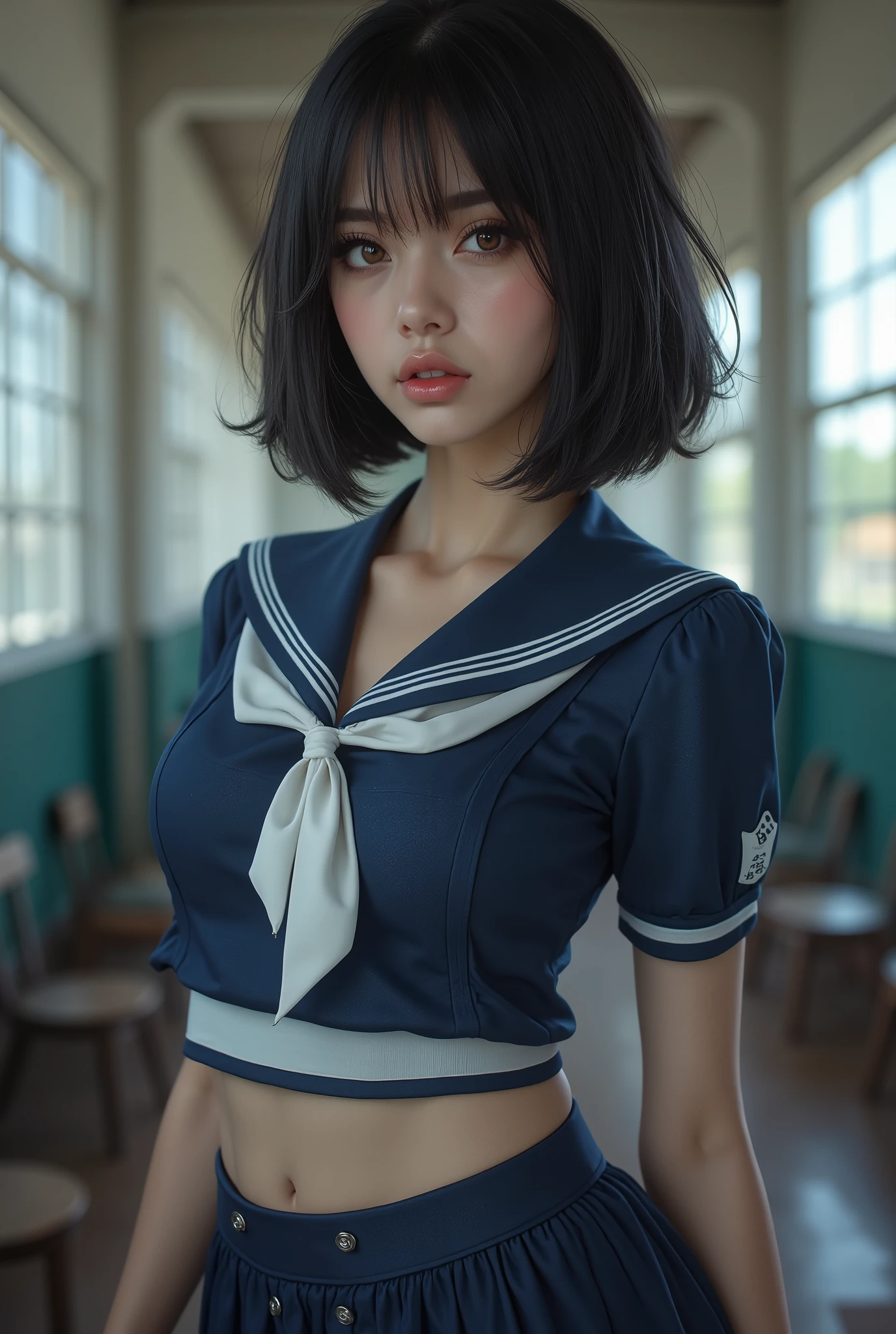 masterpiece, 8k, photorealistic, Raw photo, best quality, by Nomi glowing skin, (dynamic pose), turn back, It makes me breathe, Classic navy blue and white sailor suit , Summer clothes, excited expression, Hot Eyes, Natural black hair, bob cut hairstyle , silky transparent white skin, ( sweaty :1.3), best by Nomi depiction, ( very detailed美しい顔:1.5), beautiful dark eyes, Beautiful eyelashes, (cute:1.3), lip gloss, (Natural Breasts, Slim waist, natural buttocks), (High Detail Skin:1.2), ( perfect anatomy), ( top quality:1.4), ( very detailed), ( very detailed CG 統合 8k 壁紙), very detailed, high resolution RAW color photo, professional photo just standing and standing, by Nomi portrait, ( Detailed RAW Photos of Girls ), Canon EOS R5 250mm, sharp concentration, Cinema Lighting, detailed skin, Delicate clavicle, The detailed texture of the sailor uniform, Very by Nomi sailor uniform texture, ( ultra high resolution:1.6), ( by Nomi:1.6), (high school background),
