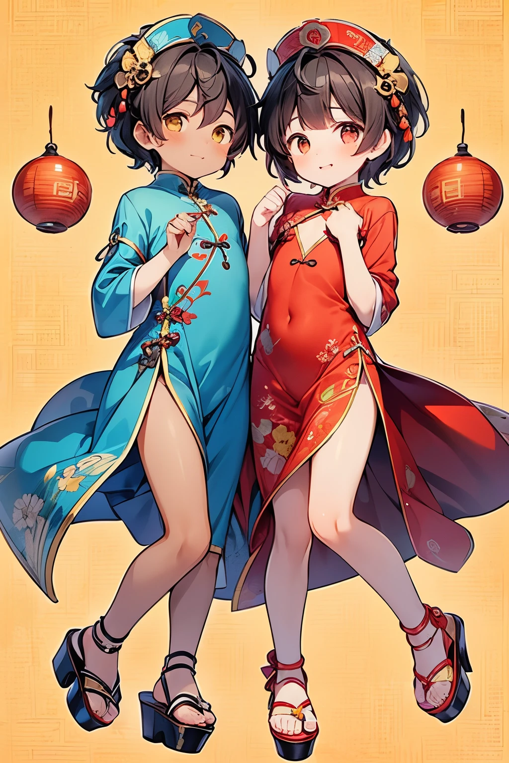 ((boy :1.3)),((handsome Gay:1.2)),(( An Adult Man :1.15)),Smiling while blushing ,short Karl hair,orange hair,(Twinkle star pattern background:1.25),Red,yellow,purple,((dark skin body:1.5)), shiny ,((top view:1.0)),(touch your chest with both hands over your clothes:1.15),((Platform sandals:1.25)),((show your thighs:1.0)),((yellow luxurious cheongsam:1.1)),(yellow Mandarin gown:1.15),((Chinese Headdress:1.0)),(gorgeous hairpin:1.0),((twins:1.3))