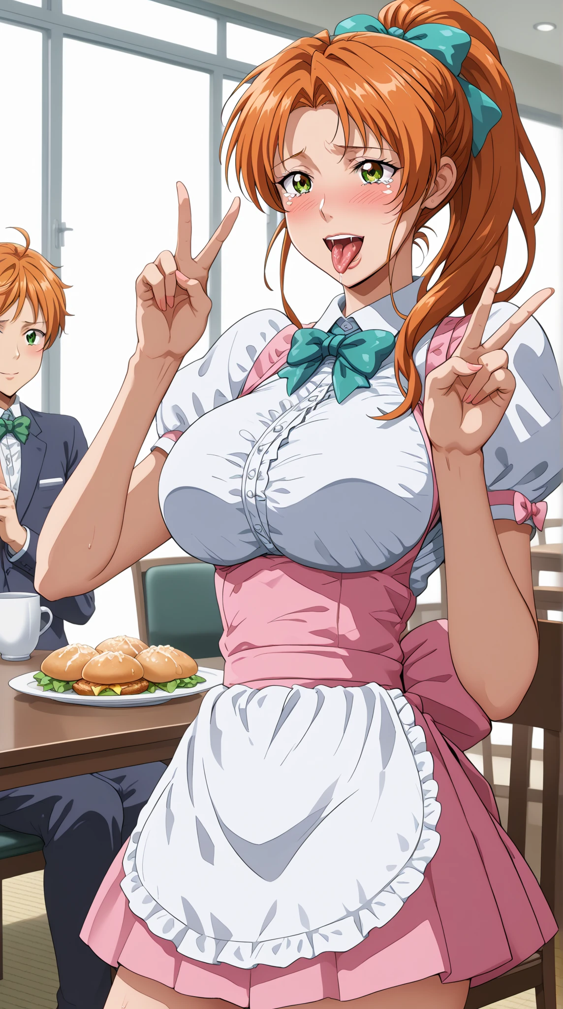 Masterpiece,best quality,Kousaka honoka, blue eyes, orange hair, looking_at_viewer, cowboy shot, black bunny leotard, pantyhose,in restaurant, cleavage , perfect shadow, beautiful,cozy , 1boy, hip hug from behind