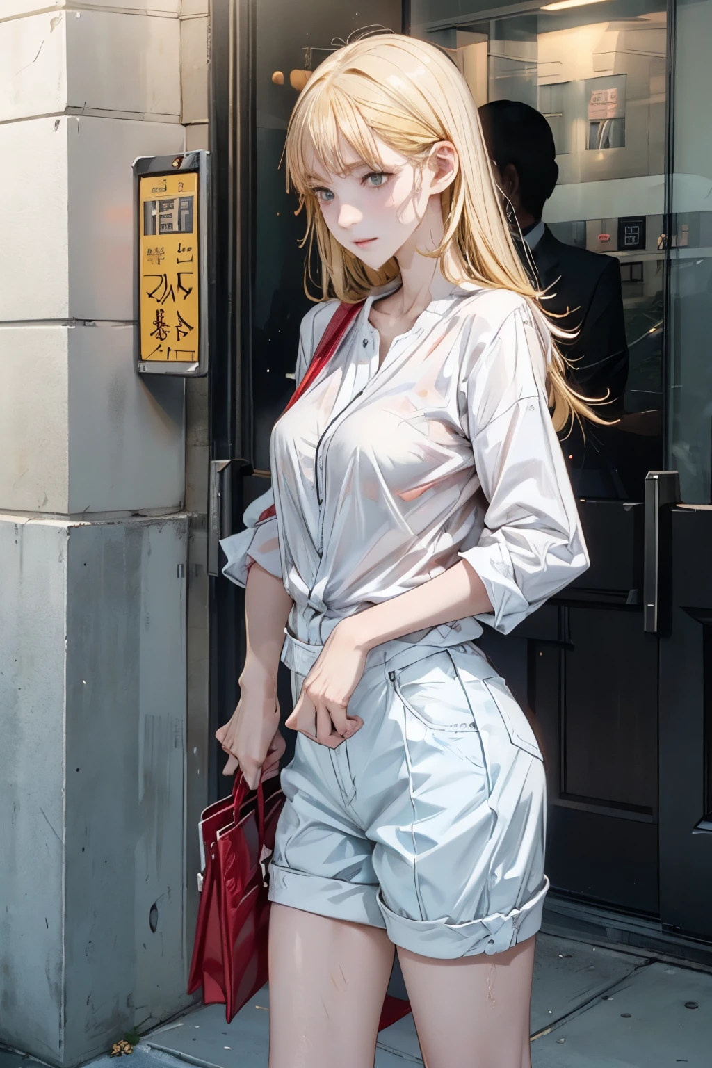 a woman in a white shirt, pastel blue colour mini short, simple style, wearing elegant casual clothes, muted red, simple clothes, milk and blue style, casual transparent clothing style, wet, modern fashion outfit, wearing a fisher , casual modern clothing, inspo, red clothes, blue oversized jacket, brosshort, neutral tones, red and white color scheme, casual business outfit,cute face, nike shoes, 2, adult face, long hair, ((yellow hair)), street traditional festival