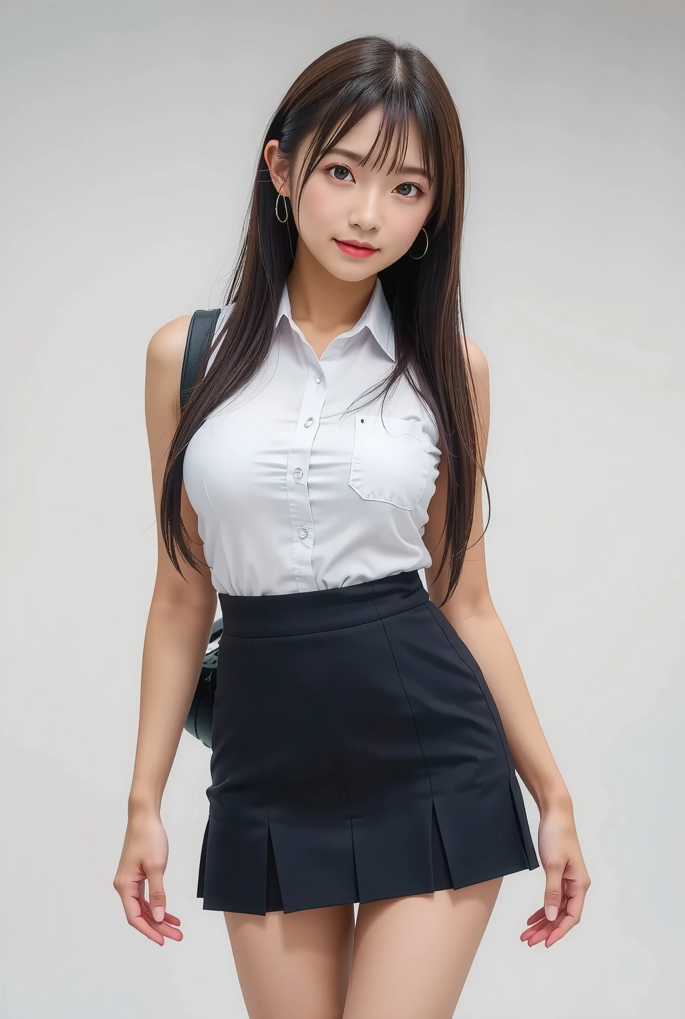 This is a proud work of a slender, long-legged model wearing a miniskirt 、High quality photorealistic image of a woman taken in a modern studio environment、 The other side highlights her subtle smile 、Her sleek hairstyle is a calm demeanor 、 The lighting is soft、The focus remains professional yet provocative、( school uniform :1.2), 18 years old、( big breasts:1.3),