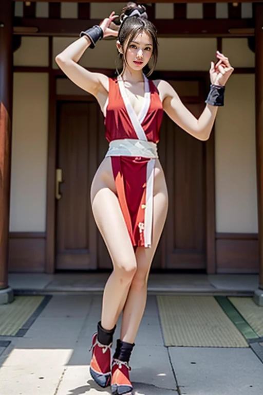 (mai shiranui:1.6), (tabi:2.0), (toe:1.2), (Full body portrait:2.0), Full body, (Realism), (masutepiece:2.0), (Best Quality), (ultra-detailliert), (8K, 4K, Convoluted), (Flat Lighting:1.2), (skinny), Prestige, Brown eyes, Long hair, brown eyes, long hair, brown hair, white ribbon, sleeveless, ponytail, sash, pelvic curtain, arm guards, gloves, tabi, fascinated expression, Sexy eyes, slim, medium breasts, Smile, Cute, view the viewer, Long hair, Close to Japan temple, (breasts focus:1.2), (Realistic:1.2), (Full Shot: 1.2), (85 mm), light Particle, Lighting, (Highly detailed:1.2), (Detailed face:1.2), (gradients), SFV, Colorful, (Detailed eyes:1.2), (Detailed temples of Japan: 1.2),(Detailed background), (Dynamic Angle:1.2), (Dynamic Pose:1.2), (Line of action:1.2), Wide Shot, Daylight, Solo.
