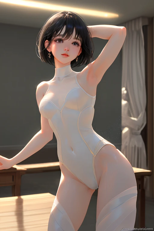 ((masutepiece,Best Quality)), hight resolution, Very detailed 8k wallpaper, Depth_In the_field, Best Shadow, (Colorful),(Delicate eyes and face), nice hand, Perfect hands, (No lighting), Ray tracing, BREAK
(1girl in), Top \(kancolle\), Black hair, Short hair, Black eyes / Green eyes, swept bangs, Small breasts, slender, skinny, Smile, (full-face blush), BREAK,
(ballerina, ballet:1.2),, (white leotard:1.2), (White knee-high socks:1.2), Bare shoulders, tiarra, (Cameltoe), Point Shoes, Ballet slippers, Sexy, BREAK,
(Cowboy Shots and Knees:1.5), Gastric focus, ((Dancing Saloon)), Night time, (dark backgrounds:1.3),Sweaty clothes stick to the skin with latex、Knee-high socks are digging into my thighs a little、Standing with open legs、