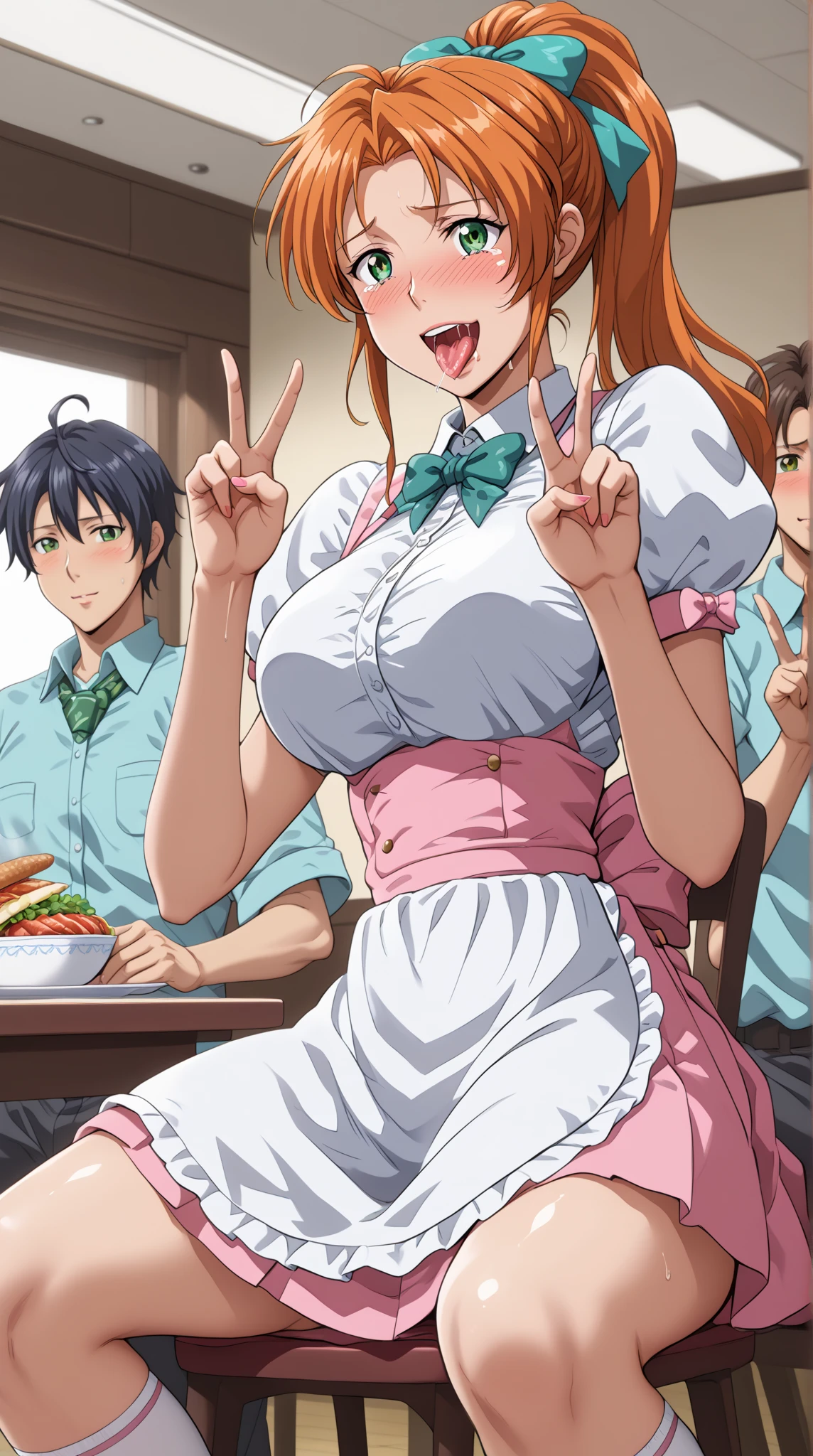 Masterpiece,best quality,Kousaka honoka, blue eyes, orange hair, looking_at_viewer, cowboy shot, black bunny leotard, pantyhose,in restaurant, cleavage , perfect shadow, beautiful,cozy , breasts grab from behind, 1boy, moaning , penis between legs