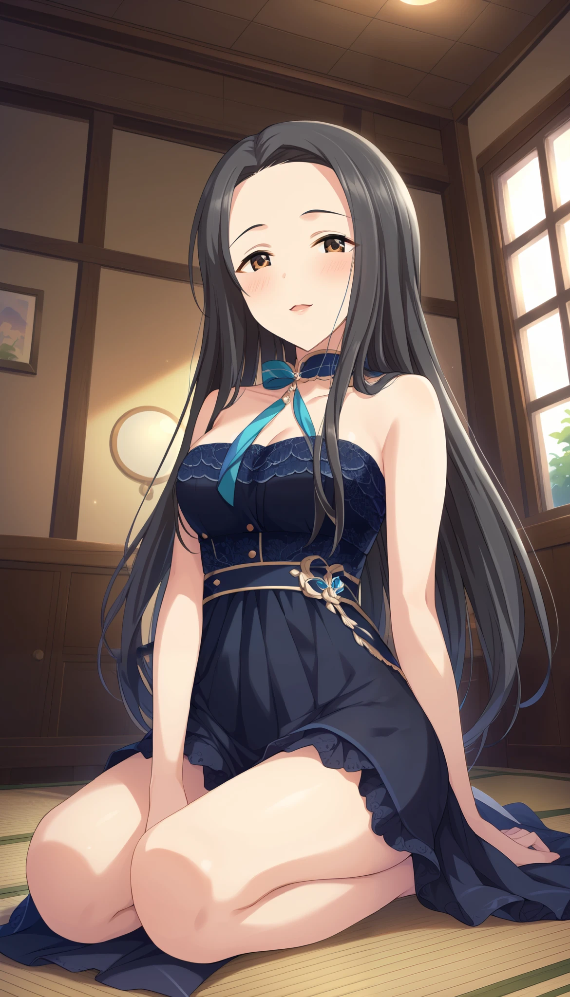 (((Sena Shiori )))、 black dress、((( medium breasts))),(( low angle around the neck))、((Sitting on the floor holding your knees))、room、(blush)、 is bashful, black hair、 with long hair 、 Ulchan-6500-v1.1, ( RAW photos :1.2),  beautiful detailed ,  very detailedな目 美しい目, beautiful eyes、Brown Eyes 、  large file size ,  high resolution,  very detailed,  top quality, [ Masterpiece:1.6], Awareness-raising,  very detailed, CG, finely,  top quality, 8K wallpaper,  Perfect Body、 dynamism 、 very detailed、 thin and beautiful thighs