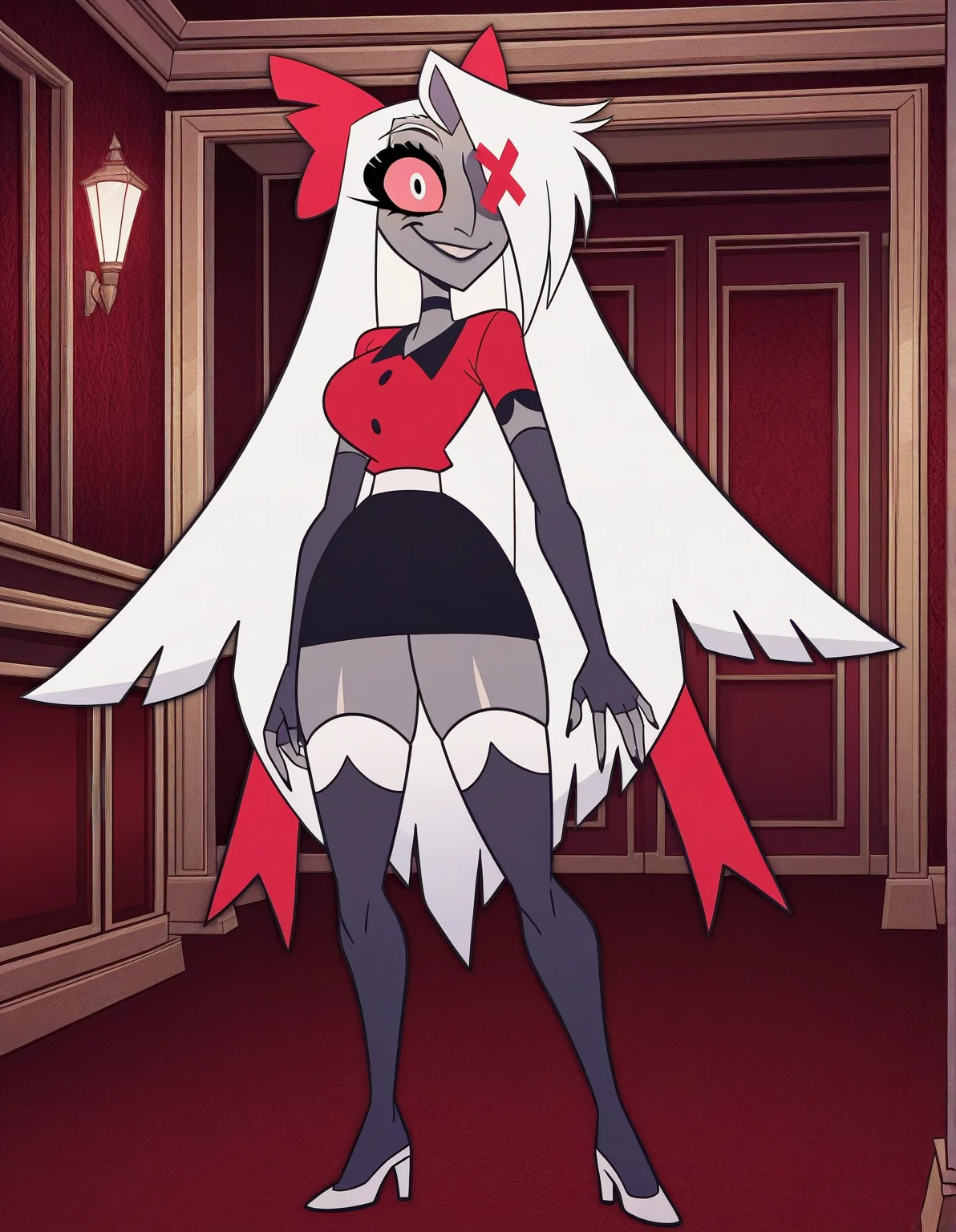 ((BLACK BACKGROUND,1:2, masterpiece)), full body MILF BIMBO standing with two long thighs and two metal sandals, red eyes, silver white hair, short bob style hair, big breasts, cleavage, separate sleeves, tiara royal, long cape up to two feet, yellow bikini, hands on waist, navel, lustful smirking smiling, smile face (red blushed, red cheeks), metal shoulders, gold sleeveless armbands, black leather choker slave collar, shackle bracelets, sex slave red crest, pauldrons, breastplate, corset, eye focus, full body, whole body. 1solo . slave fighter, loincloth standing, hands on hips, metal sandals, backpack, choker, big belt, view from below, feet together, bracers, tiara)
