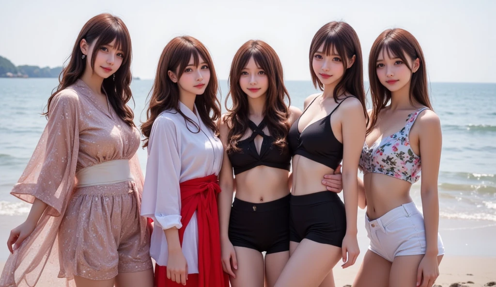（Highest quality、32k、masterpiece:1.3)、(Beautiful woman:1.3)、(5 girls:1.3)、(Full body photo:1.3)、（nude、topless、nude）、（Thong）、Brown Hair:1.3、ponytail、Highly detailed face、Lips Detail、Detailed Eyes、double eyelid、Saggy breasts、22 years old、Sea and beach、With skinny friends、Bright photo、The chest is open、Breasts spilling out of the bra、Luxury hotel swimming pool