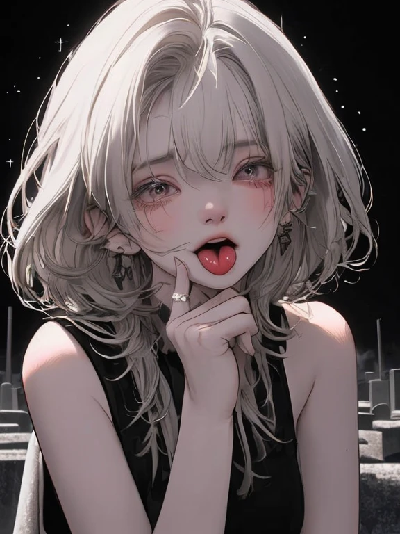 open mouth,8k,looking at viewer,bob cut,nsfw,pink lip gross,bad breath,city lights,nude,gray hair,breath make me smell,tongue