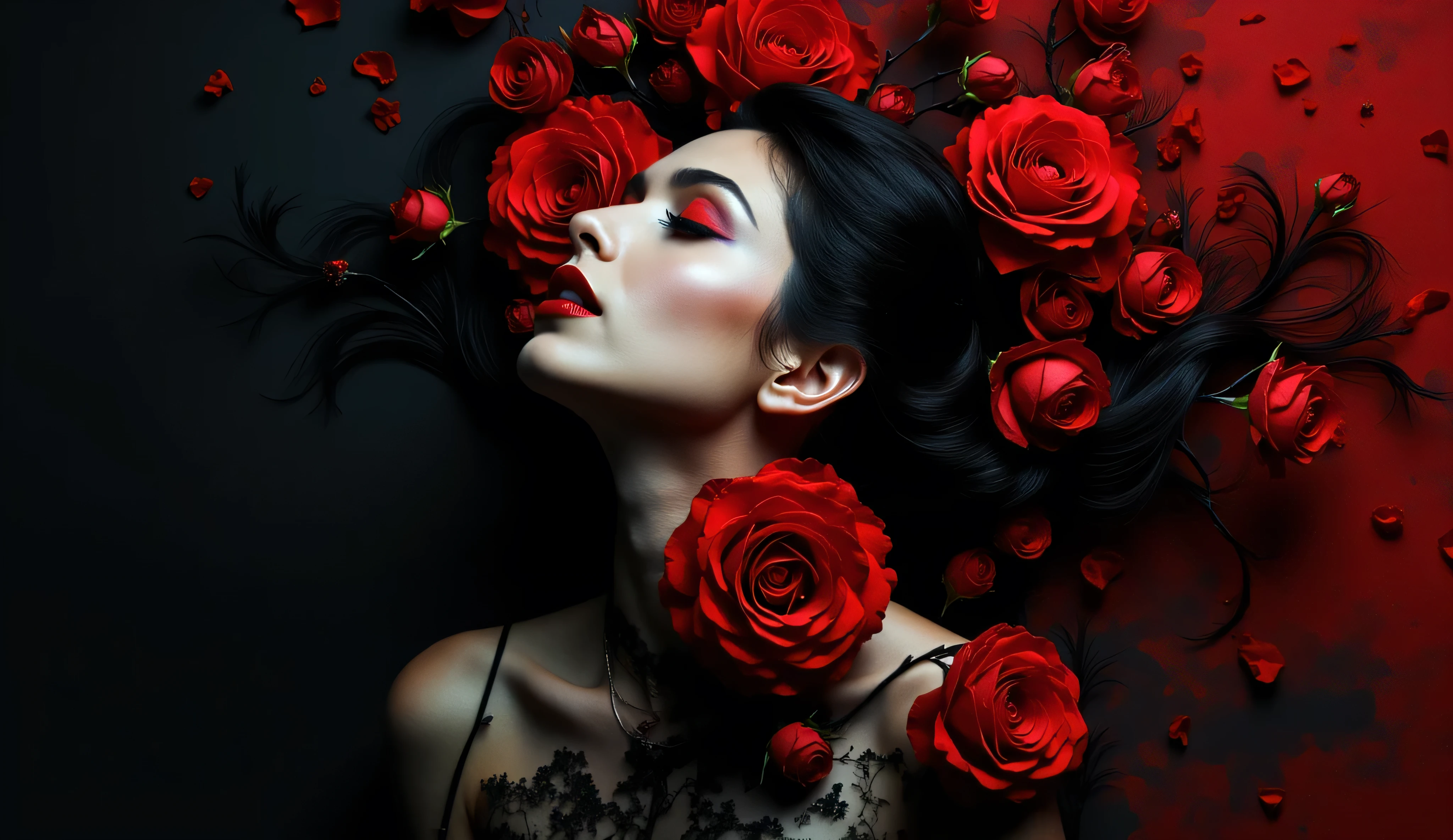A woman with black hair and lips, wearing a black top, gazes upward with her eyes closed, adorned with an abundance of large, dark roses that cascade over her face and shoulders, set against a dark red and black background, double exposure Monet brushstrokes, ink splashs