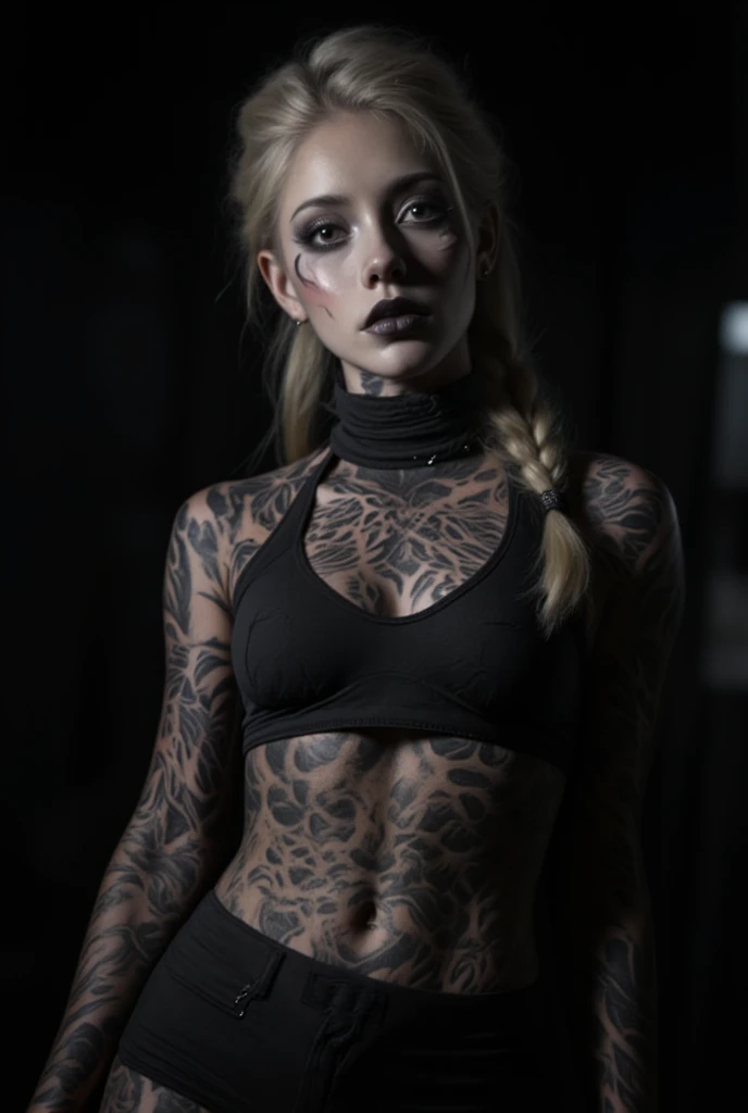 Create a hyper detailed photograph of a hrgiger inspired tattoos on a muscular young sexy girl, Stunningly perfect gorgeous face, perfect makeup, detailed vibrant eyes, platinum blonde dutch hair, big beautiful muscular legs, big beautiful muscular arms, big bac muscles, muscular abs, yoga outfit, detailed smooth skin, big breast, big muscular ass, nightmare before Christmas inspired lingerie,