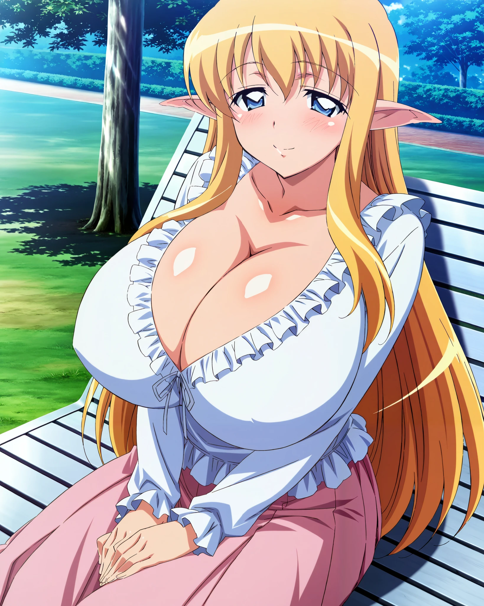 score_9, score_8_up, score_7_up, source_anime, anime coloring, anime screencap, fujii masahiro (artist), 1 girl, alone, Tiffania Westwood (zero no tsukaima), elf, blonde hair, blue eyes, mid-lidded eyes, loving smile, white beautiful skin, gigantic breasts, cleavage, sitting by a tree, hands on lap, looking at viewer, slim body, cowboy shot, long sleeves, scoop neck ribbed yellow blouse, frills, pleated pink skirt, long skirt, outdoors, park