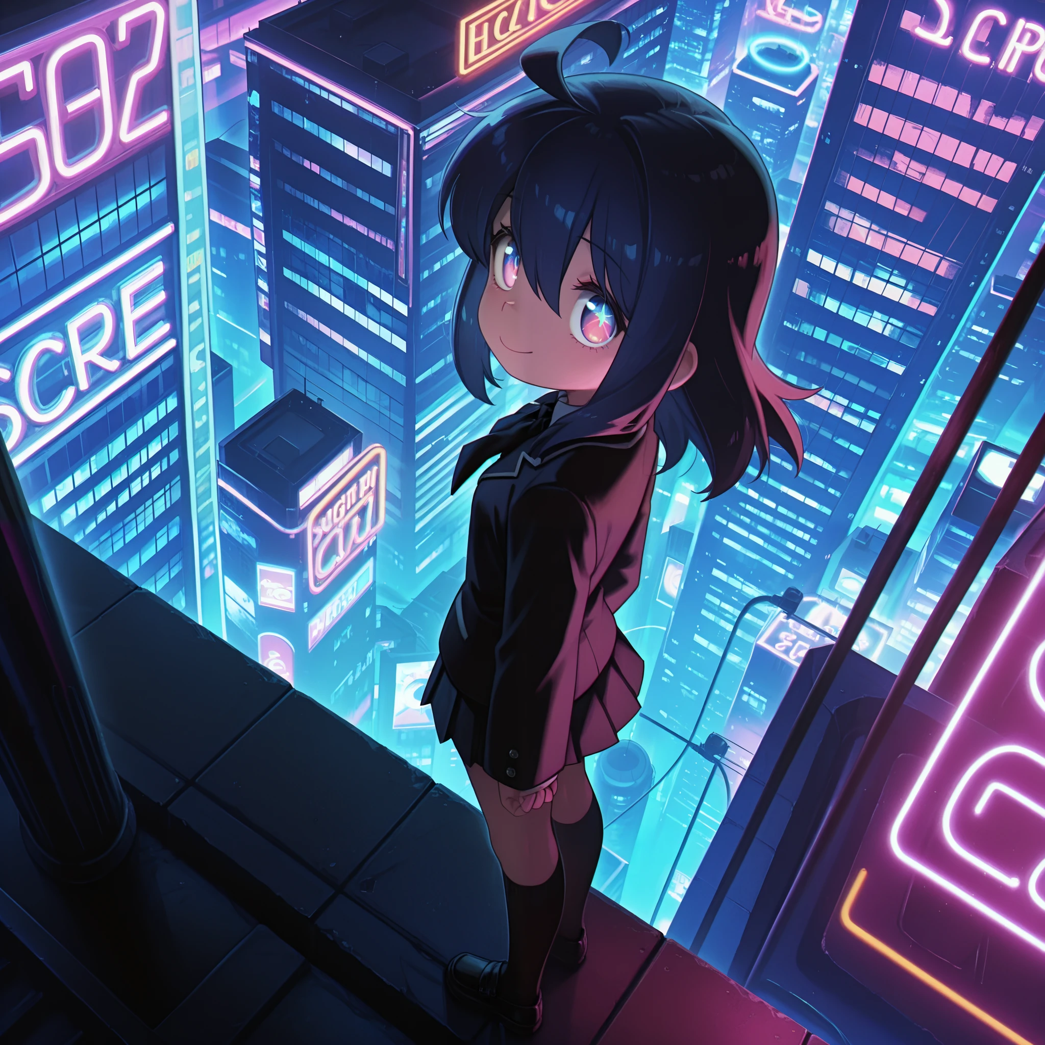 masterpiece, best quality, amazing quality, very aesthetic, high resolution, ultra-detailed, absurdres, newest, Anime screencap, highly detailed, high quality, hyper-Detailed, mistico_IL. BREAK.
1girl, solo, black school blazer, look at viewer, from above, happy, standing on the rooftops, cinematic angle, cyberpunk night city background, bright neon lights, dark blue filter, bloom, lensflare, nightime, depth of field, cinematic angle