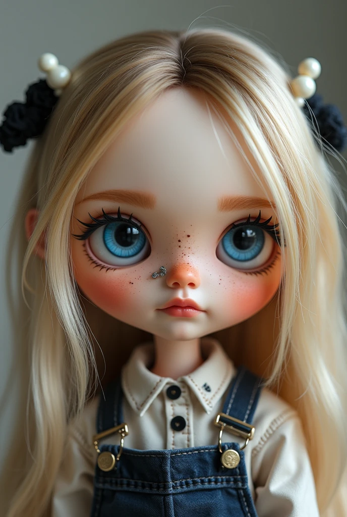 doll blythe, dark blonde hair, round nose challenge, small fleshy mouth, brown eyes half slanted round, large cilia, without bangs