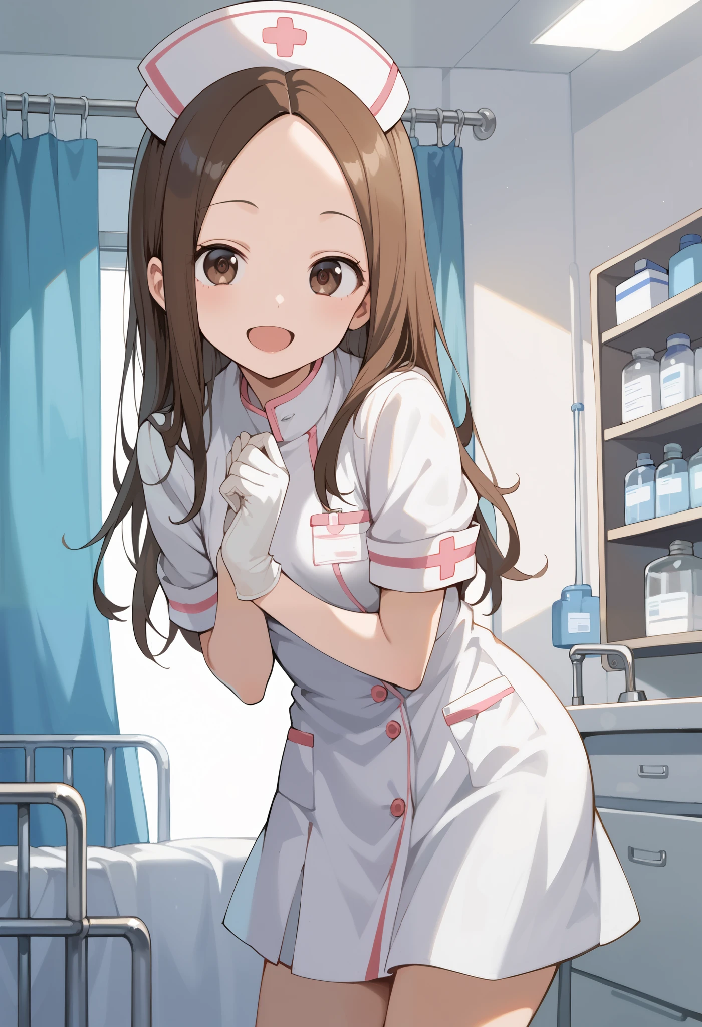 Score_9, score_8_up, score_7_up, source_anime, aatakagi, solo, long hair, brown hair, parted bangs, forehead, small breasts, (best quality), (high quality), {masterpiece}, extremely delicate and beautiful, ultra-detailed, beautiful detailed eyes, nurse, nurse hat, ((white nurse's outfit)), white gloves, white legwear, zettai ryouiki, hospital room, smile, open mouth, standing