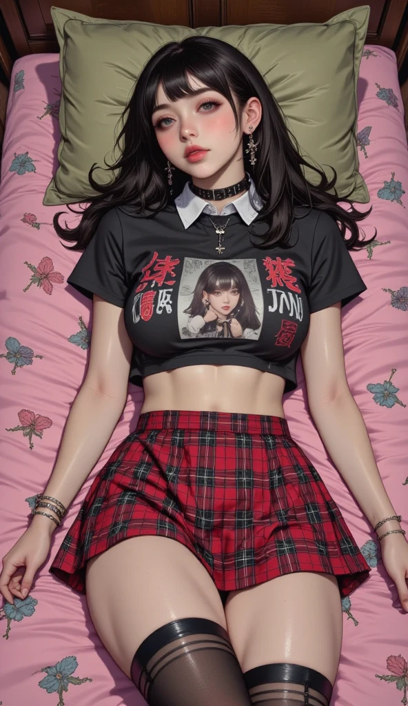 Make a realistic Rose of Blackpink, com uma camiseta branca, cabelos preto, em um quarto. Your skin is clear and soft, magro, His style is rocker and skateboarder. Tem piercing e tatuagens, with light and natural strokes, Asian