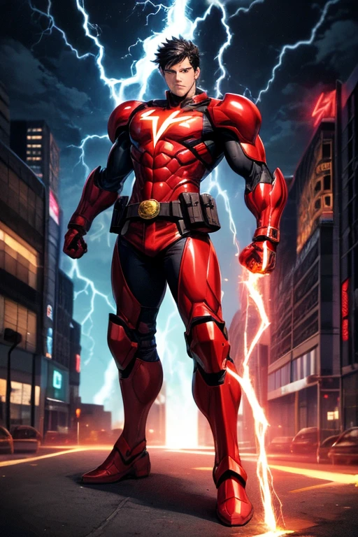 the flash , white and red armor, invoked mask, running, in the background a city, lightning in the sky, ultra details, ultra realistic, cinematic , octane render, 16k