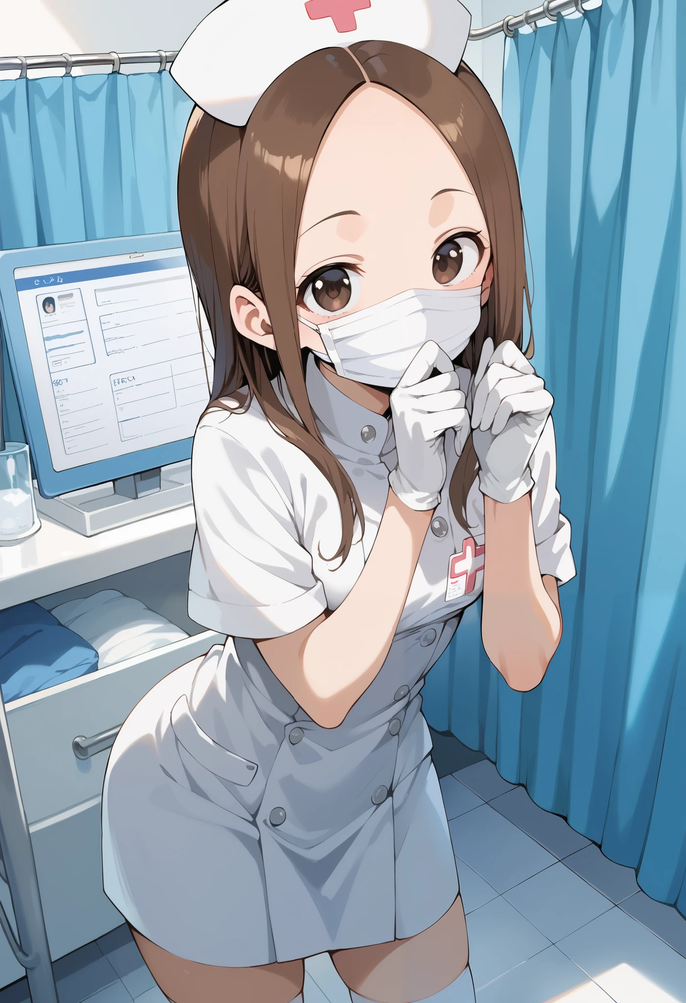 Score_9, score_8_up, score_7_up, source_anime, aatakagi, solo, long hair, brown hair, parted bangs, forehead, small breasts, (best quality), (high quality), {masterpiece}, extremely delicate and beautiful, ultra-detailed, beautiful detailed eyes, nurse, nurse hat, ((white nurse's outfit)), white gloves, white legwear, zettai ryouiki, hospital room, ((white surgical mask, covered nose)), standing
