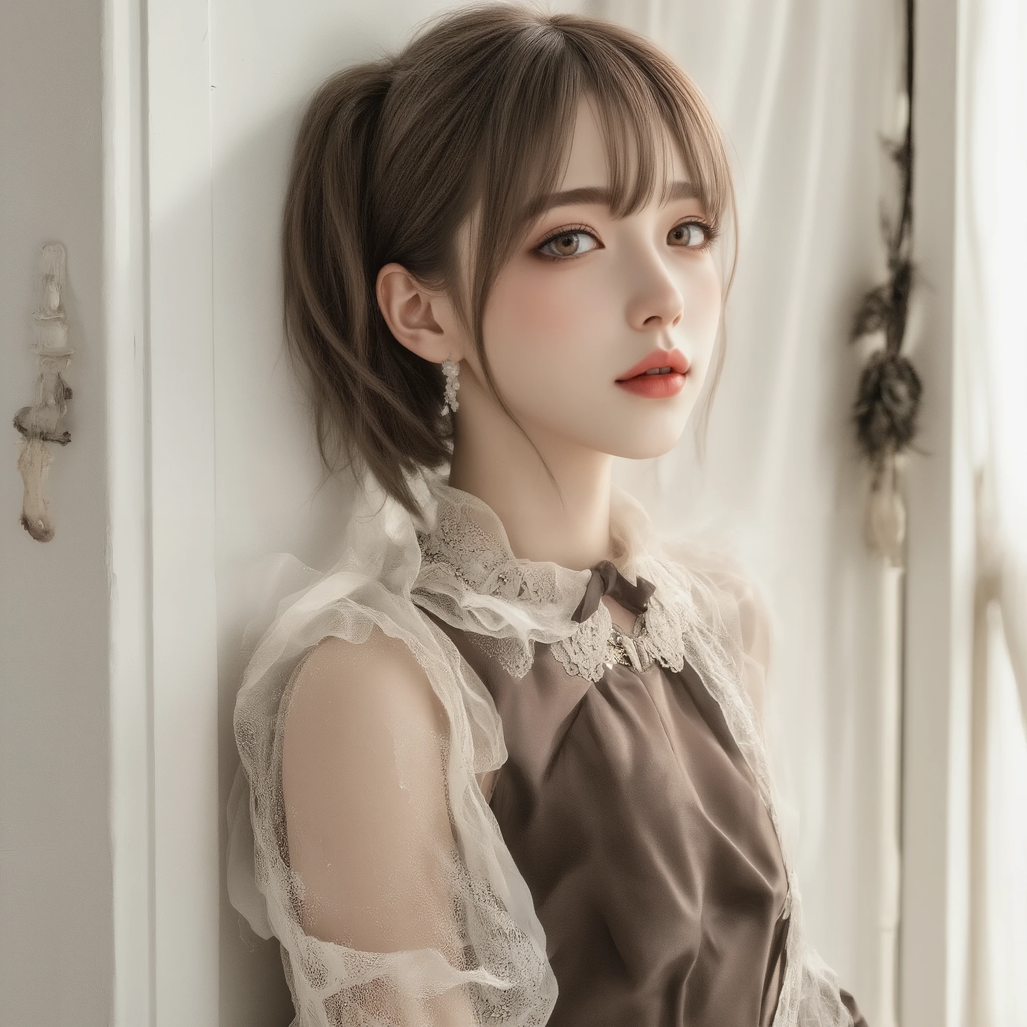 Masterpiece, top quality, ultra detailed, photorealistic depiction, intimate and cinematic composition, a girl elegant fashion, her facial expression is accurately captured, her soft dark brown eyes and looking away, her elegant short lighr brown hair, her calm and modest pose leaning against a white wall, the composition frames her face in profile and upper body,10 pixels of blank space on the screen