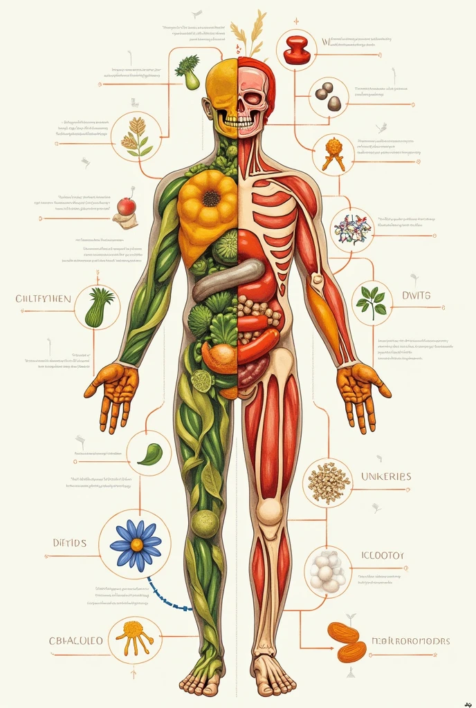 ### Slide 1: Presentation Cover
**objective:** Create a visually appealing and informative cover.
**Design:**
- **background-image:** Stylized human body.
**
2. **Adicionar background-image:** Stylized human body ou gráfico.
3. **insert text:**
- **Title:** large and readable.
- **Caption:** smaller, Below the title.
4. **Elementos visuais:** Subtle icons or graphics related to the journey.
I want you to divide where each vitamin is. It should be realistic and convincing but not too realistic, and where each food and vitamin works.