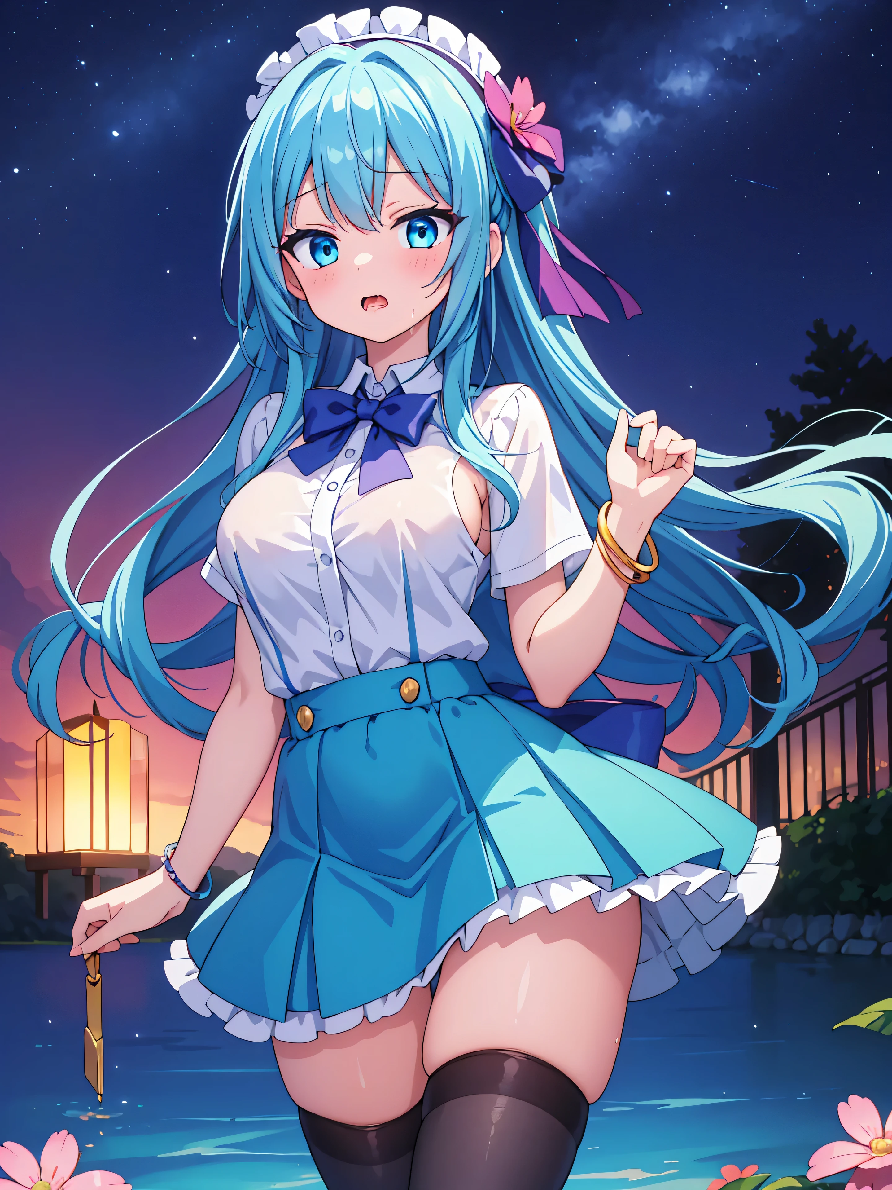 Highly detailed, high quality, masterpiece, beautiful, (all photo shooting), girl student, perfect eyes, blue eyes, clear eyes, blushing face, chest down, sweaty vagina, drooling a lot, big thighs, medium breast, long hair, turquoise blue hair, with bracelet on hand, bow in hair, flower headband, wearing western schoolgirl outfit, short mini skirt, sexy, with naked vagina, background image in a river at night