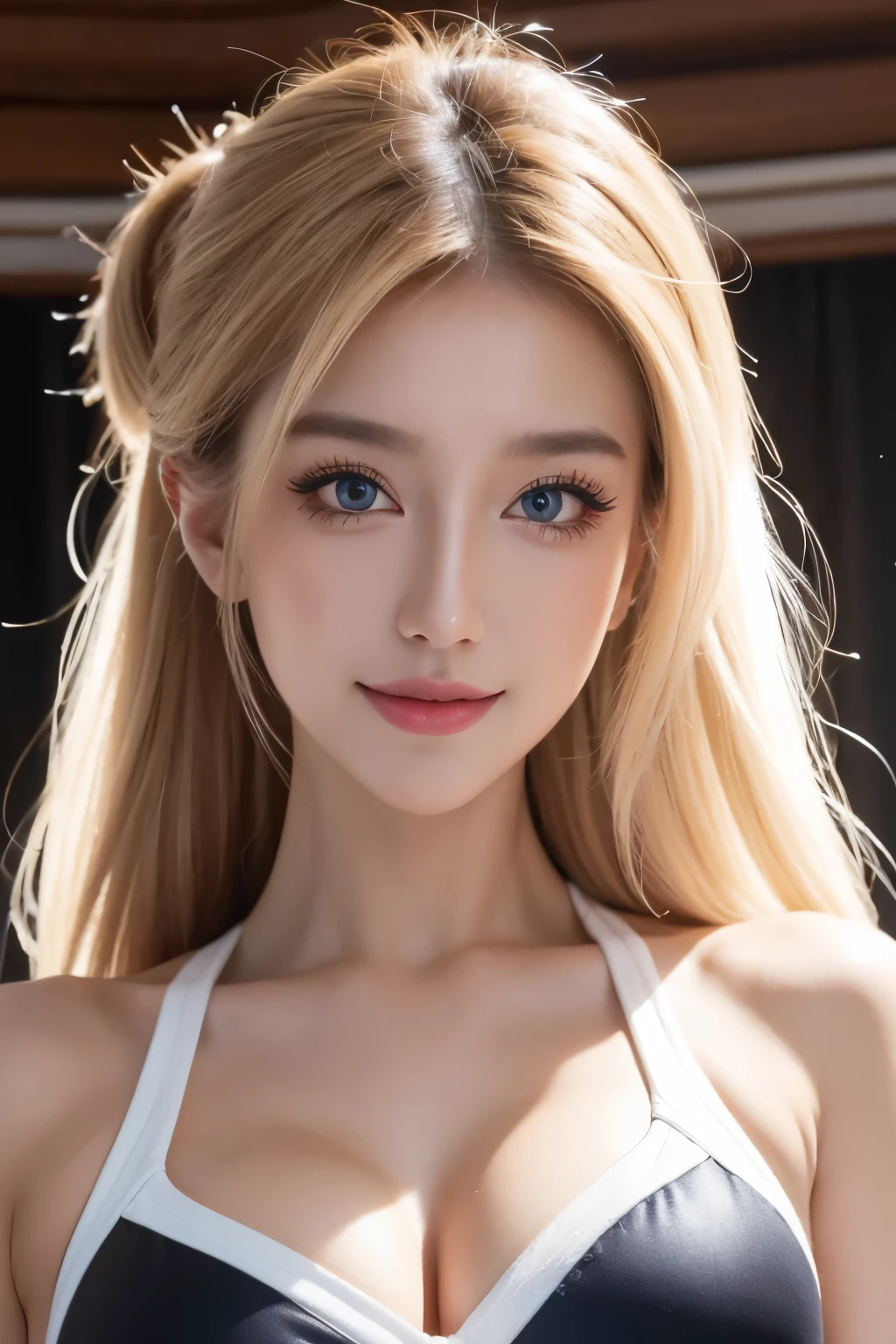 Masterpiece, top quality, ultra highres,8k,16k, Delicate photos , Sharp Lines, sharp concentration, ( perfect anatomy:1.5), RAW Photo , resolution, is present , Super Detail, sharp concentration, RAW Photo ,white,Cang,black,Super high resolution,break,
dynamic angle,
Energetic girl,1 girl,
mature face , Very sexy girl, girl,woman, perfect face, a beautiful 25yo woman,
blond hair,silky hair,( Tan Skin:1.2),
Sapphire Eyes, eyelashes, mascara, Eyelash extensions, , glamorous, skindentation,
Beautiful skin, sweat, steam,
bright bright face , naughty face on wet vagina, bewitching smile, staring at viewers ,
break,
large breasts,huge breasts,beautiful detail,Beautiful woman,
BREAK,
ponytail,ribbon, big breasts,
cheerleader uniform,colorful cheerleading outfit,holding large pom-poms in both hands,with many frills,topknot,
bokeh, portrait,
break,
cowboy shot,(dynamic pose:1.3),smile,Cheerleading dance, dance, revolution, jumping ,Dancing with one leg raised, stadium ground ,
