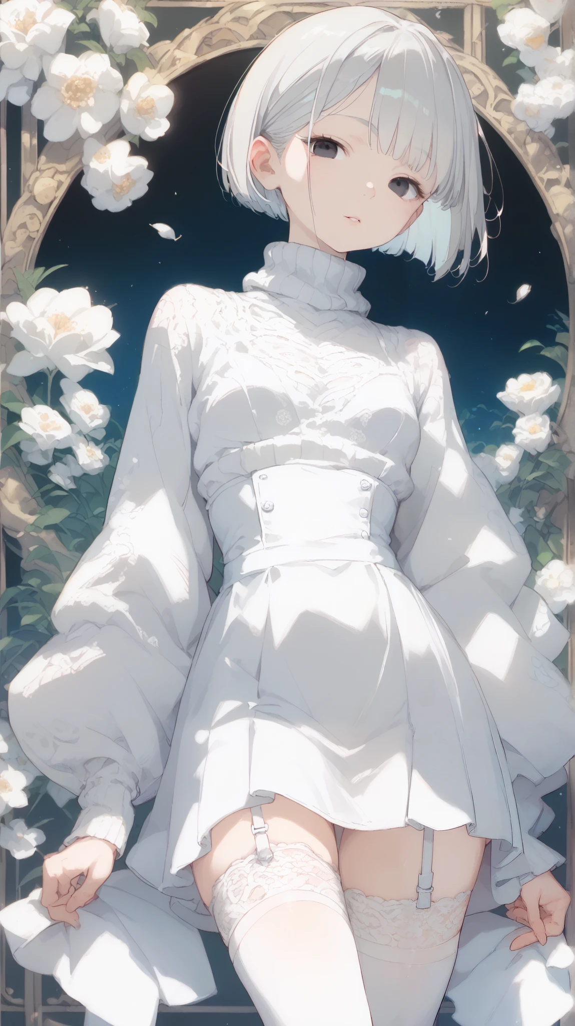 Japanese Girls, solo, Albino Skin , bob-cut gray hair , black eyes,lace fabric turtleneck, Very Dense Patterns, Artistic模様, Artistic, smaller tits, thin waist, Garter Belt , white stockings