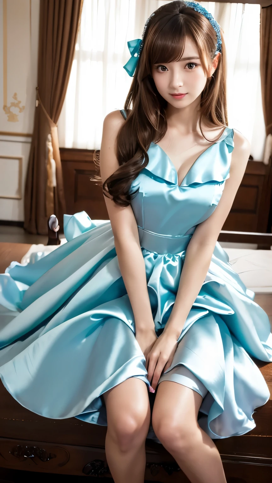 Araffe woman in a blue dress sitting on a bed - SeaArt AI