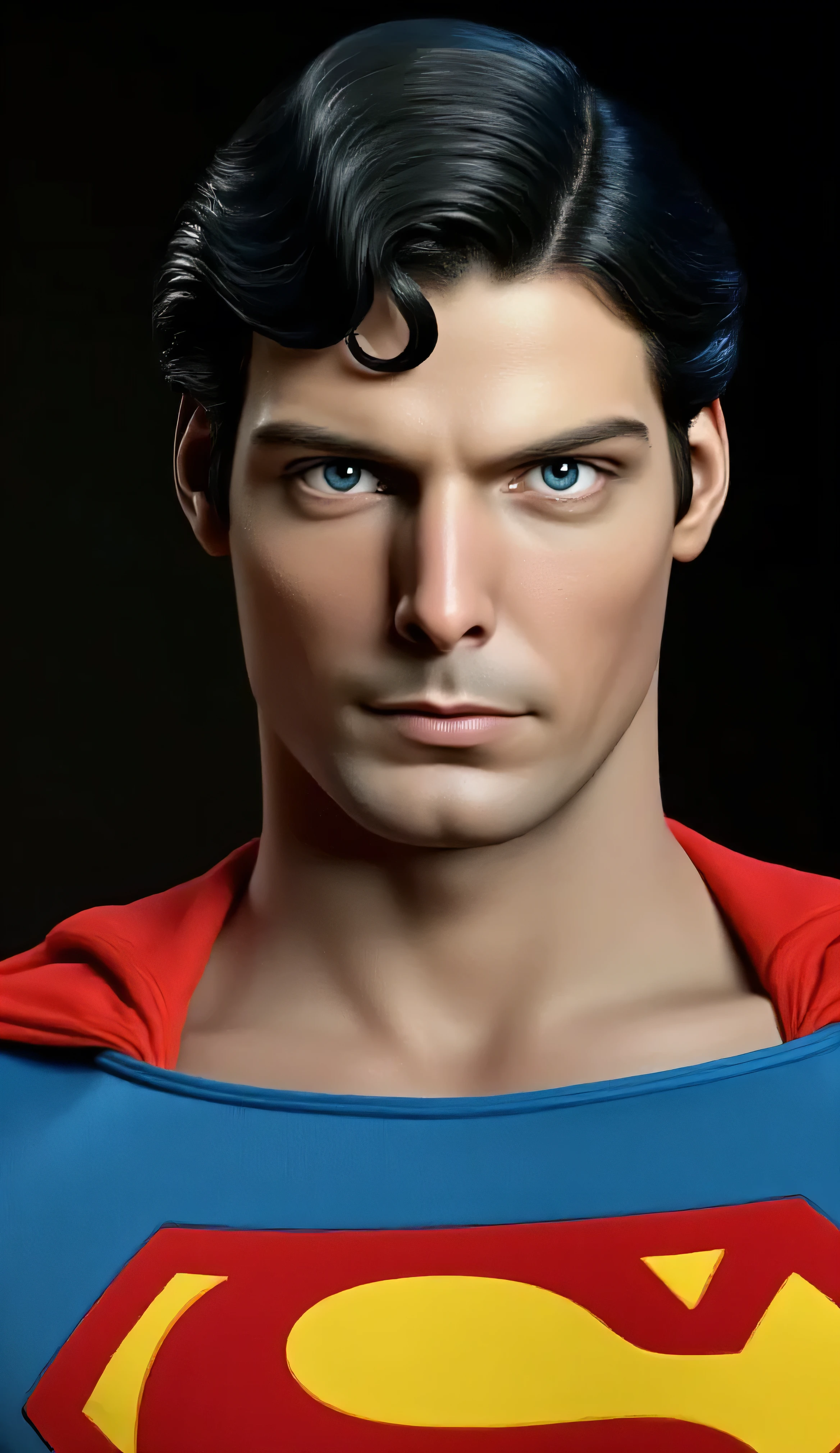 Superman in front of a dark background . He is wearing a blue and red suit with a yellow and red cape, and a yellow Superman logo on the chest . His face is stern and determined, and his eyes are focused on something in the distance . outdoor, Hyper-Realism,