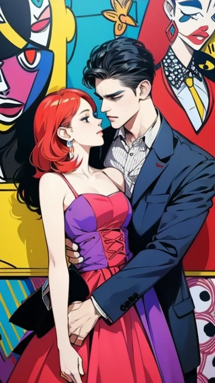 Role, anime, woman face, comic drawing, sensual outfit and dress, appearing full body, a man in a suit kissing her from behind on the neck