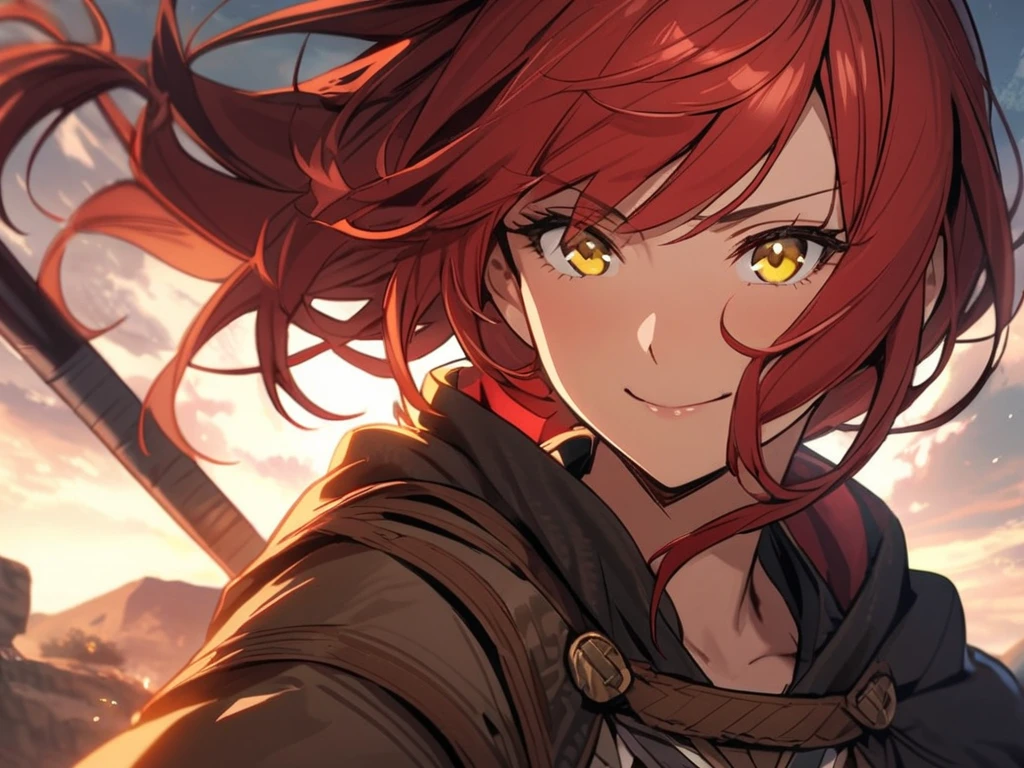 ((Masterpiece, best quality:1.4)), 1girl looking at the distance, Background top of a mountain, red hair, orange eyes,