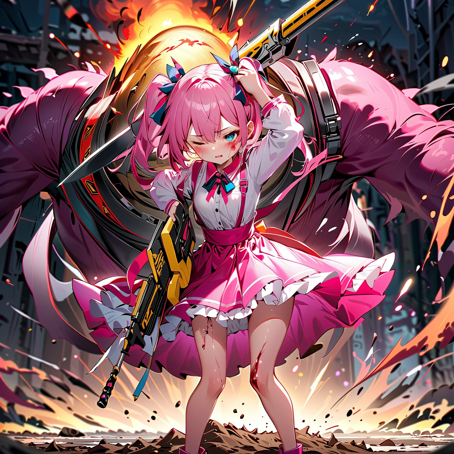 smile、In his left hand he is holding a microphone with a skeleton design.、In her right hand she holds a cutely decorated chainsaw、Cute devils go wild against the backdrop of a hellish setting, with flames and red lights scattered throughout the darkness creating an atmosphere.、Composition like a scene from a movie、Low - Angle、Dutch Angle