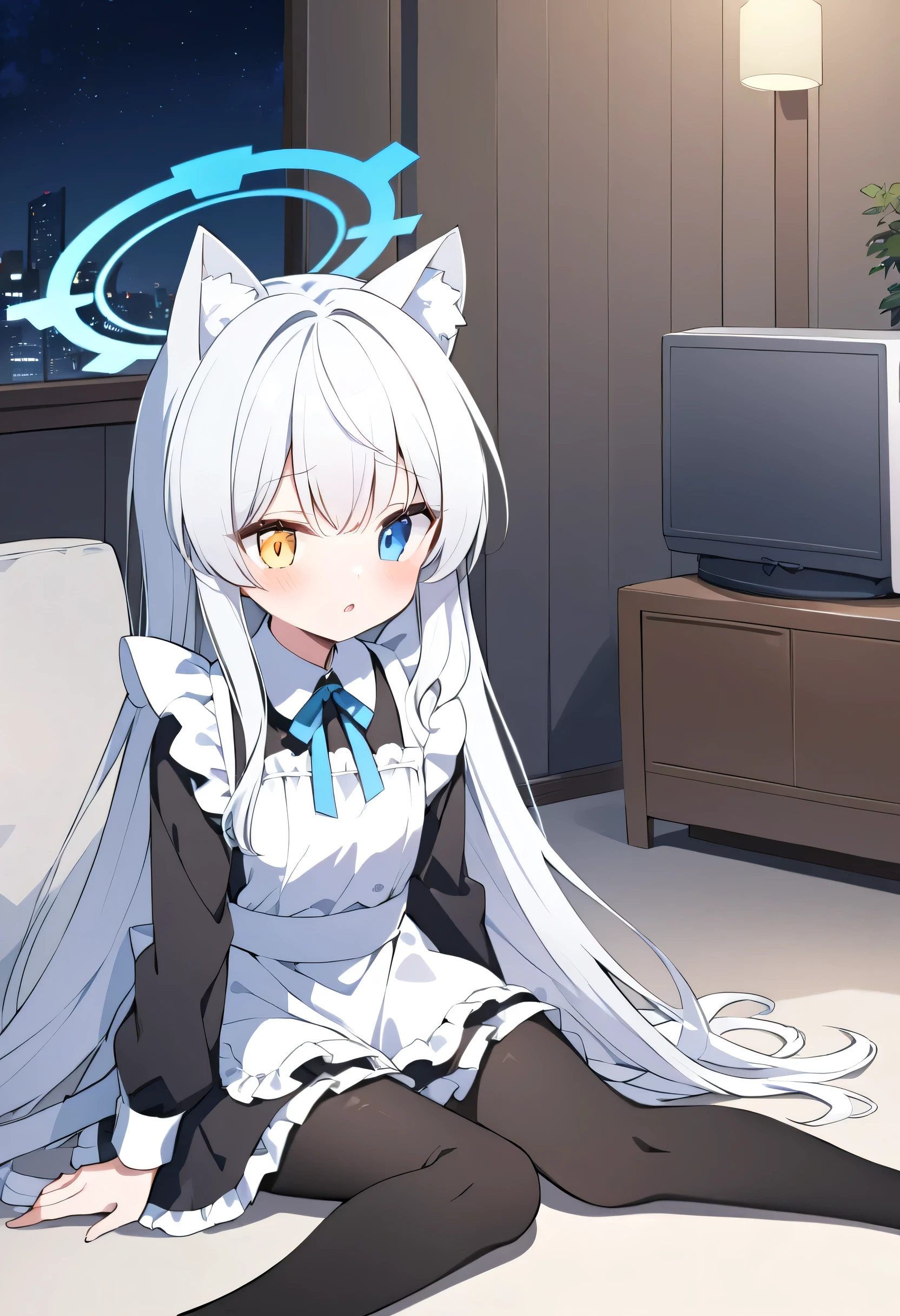 white hair ,Extra long hair,Heterochromia(Left blue right yellow), maid outfit( Wally Bell's ), alone,Cat ears, blue halo, black pantyhose,living room,night,Sitting on the ground,Tilting your head