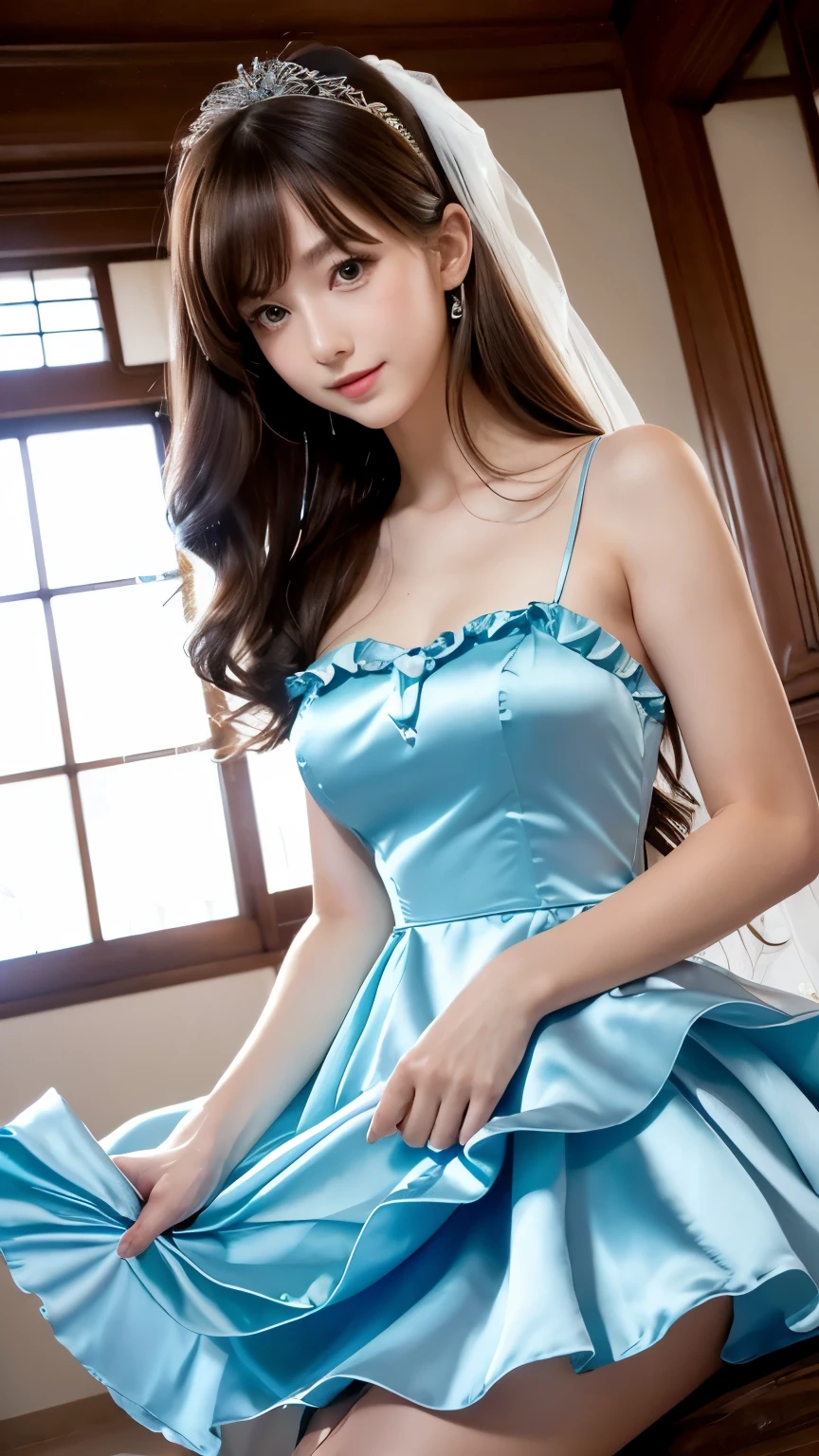 ((high quality:1.2)), (8k), extremely detailed, ((High detail:1.2)), ((best resolution:1.4)), Solo, ((24 years old pretty perfect Korean Ulzzang young:1.5)), ((dress)), (round breasts),