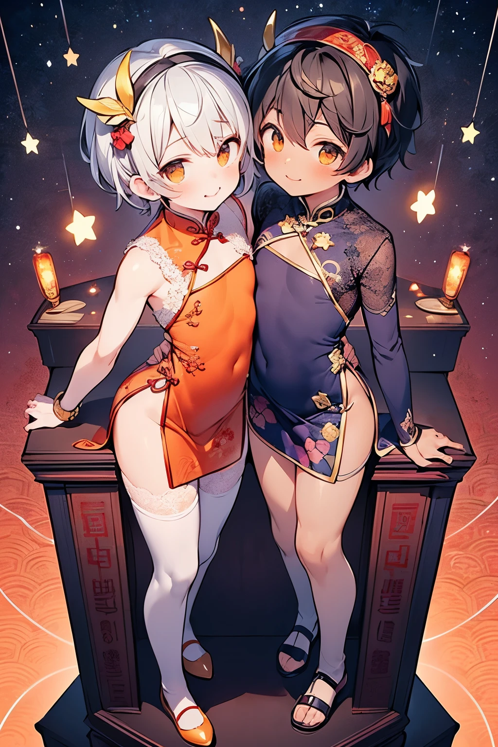 ((boy :1.3)),((handsome Gay:1.2)),(( An Adult Man :1.15)),Smiling while blushing ,short Karl hair,orange hair,(Twinkle star pattern background:1.25),Red,yellow,purple,((dark skin body:1.5)), shiny ,((top view:1.0)),(touch your chest with both hands over your clothes:1.15),((show your thighs:1.0)),((orange luxurious cheongsam:1.1)),(purple Mandarin gown:1.15),((Chinese Headdress:1.0)),(gorgeous hairpin:1.0),((twins:1.3)),((lace stockings:1.2)),((figure pedestal:1.15))