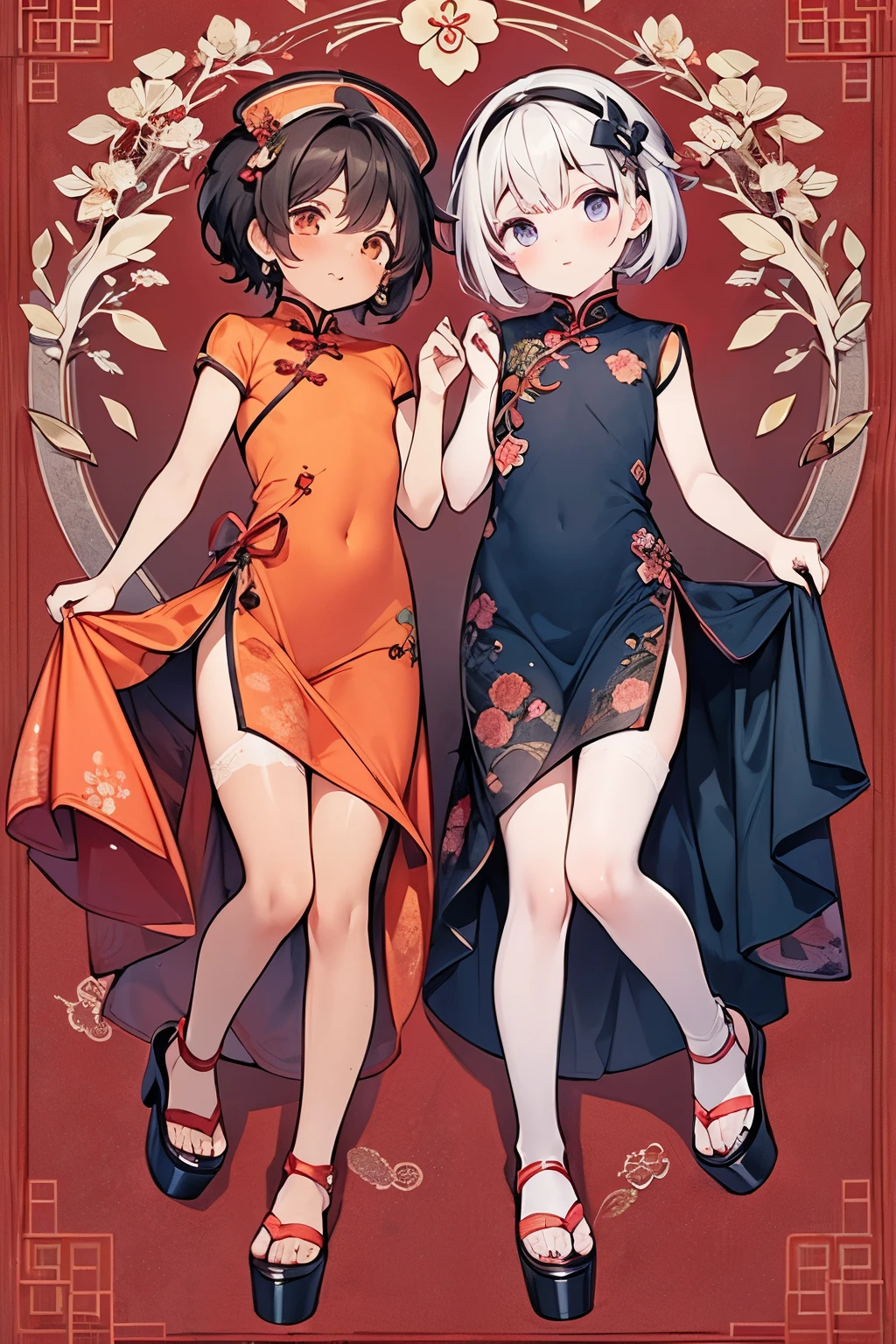 absurd,(Masterpiece、top quality、8k ),intricate details,Super detailed、a girl、smile slightly、(beautiful face、long eyelashes、slender eyes、hanging,Shiny lips:1.4),((double bun hair:1.4)),((red cheongsam、side slits:1.4)),(Fair and shiny skin:1.3)),thighs thighs thighs thighs,Chinese traditional room、Surreal,perfect anatomy