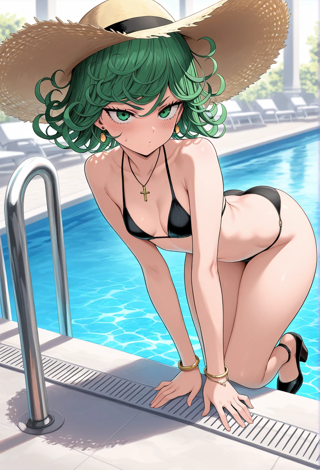 high quality, best quality, masterpiece, absurd, nagase mana, pink_bikini, 1girl, pool, arms behind back, summer cinematic background, beach house, tatsumaki, green hair, small chest, big ass and wide hips