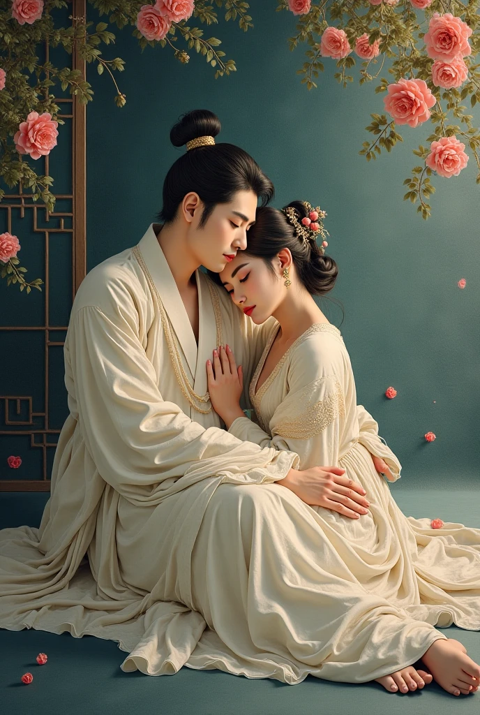ancient chinese beauty,Her beautiful feet were held by her husband., Who is holding her feet in his hands?。The husband's other hand was scratching the beauty queen's soles.。The beauty queen felt very itchy and started laughing.