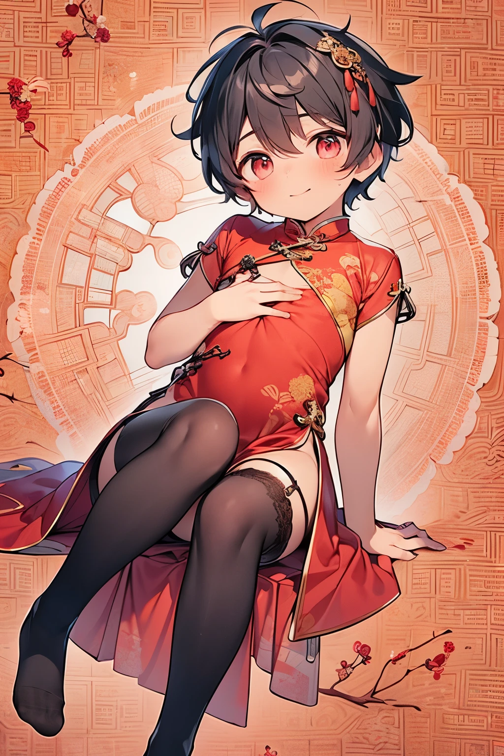 ((1-boy :1.3)),((handsome Gay:1.2)),(( An Adult Man :1.15)),Smiling while blushing ,short Karl hair,orange hair,(Souki pattern background:1.25),Red,yellow,purple,((dark skin body:1.5)), shiny ,((top view:1.0)),(touch your chest with both hands over your clothes:1.15),((show your thighs:1.0)),((pink luxurious cheongsam:1.1)),(purple Mandarin gown:1.15),((Chinese Headdress:1.0)),(gorgeous hairpin:1.0),((lace-topped stockings:1.2)),