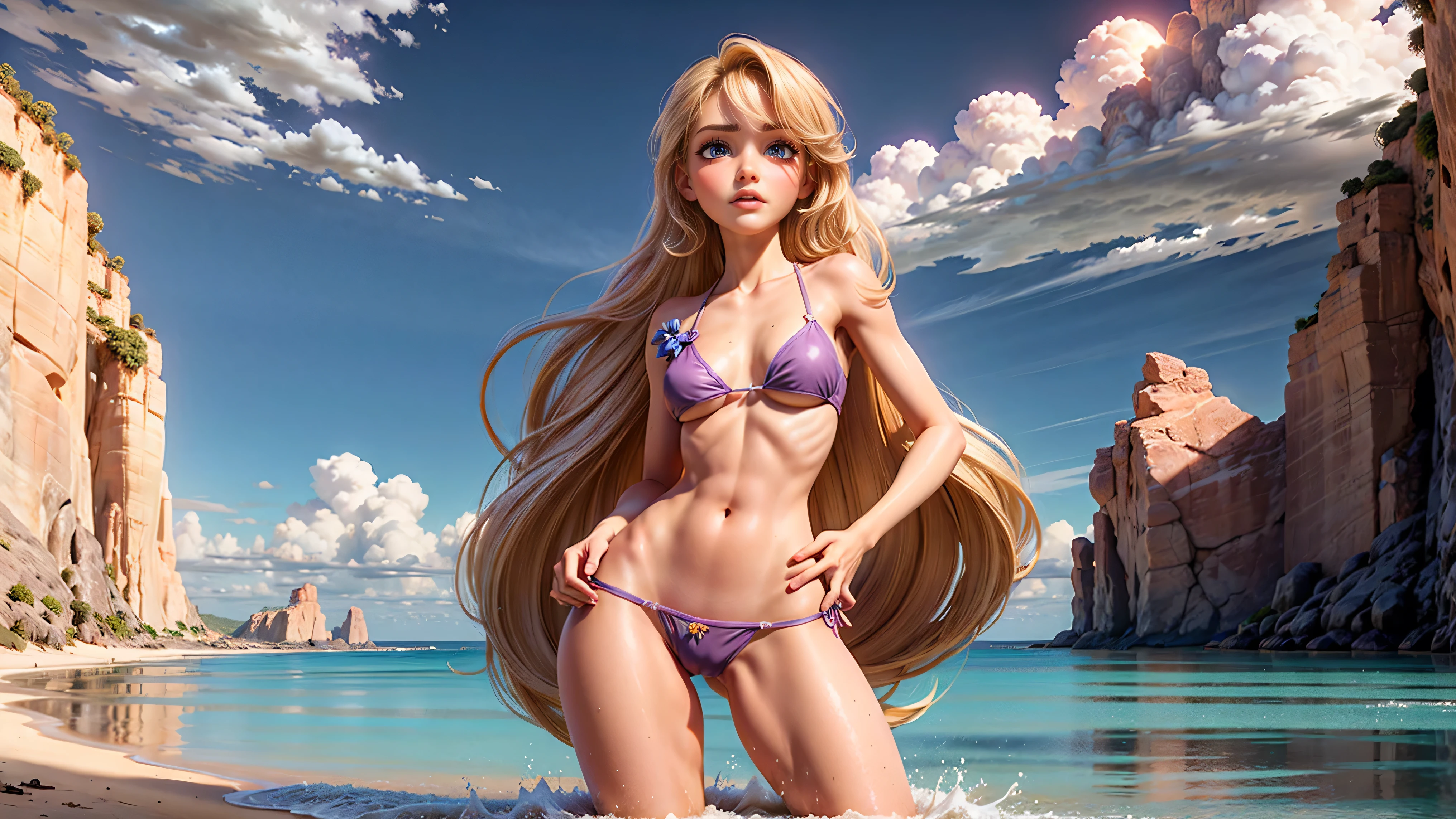 ((1girl, solo)), standing in the water at the beach, young girl, cute girl, skinny, petite, ((blonde hair)), pastel colors, wet, wet bikini, ((tight bikini top)), midriff, ((hard nipples)), ((top barely containing her breasts)), ((underboob)), ((perky breasts)), looking at viewer, sexy, bikini low on hips, cowboy shot, (full body portrait), beautiful lips, sexy mouth, ribbon, hair ribbon, bangs, upper body, blue eyed, bangs, ribbon, tropical background, sunset, island life,