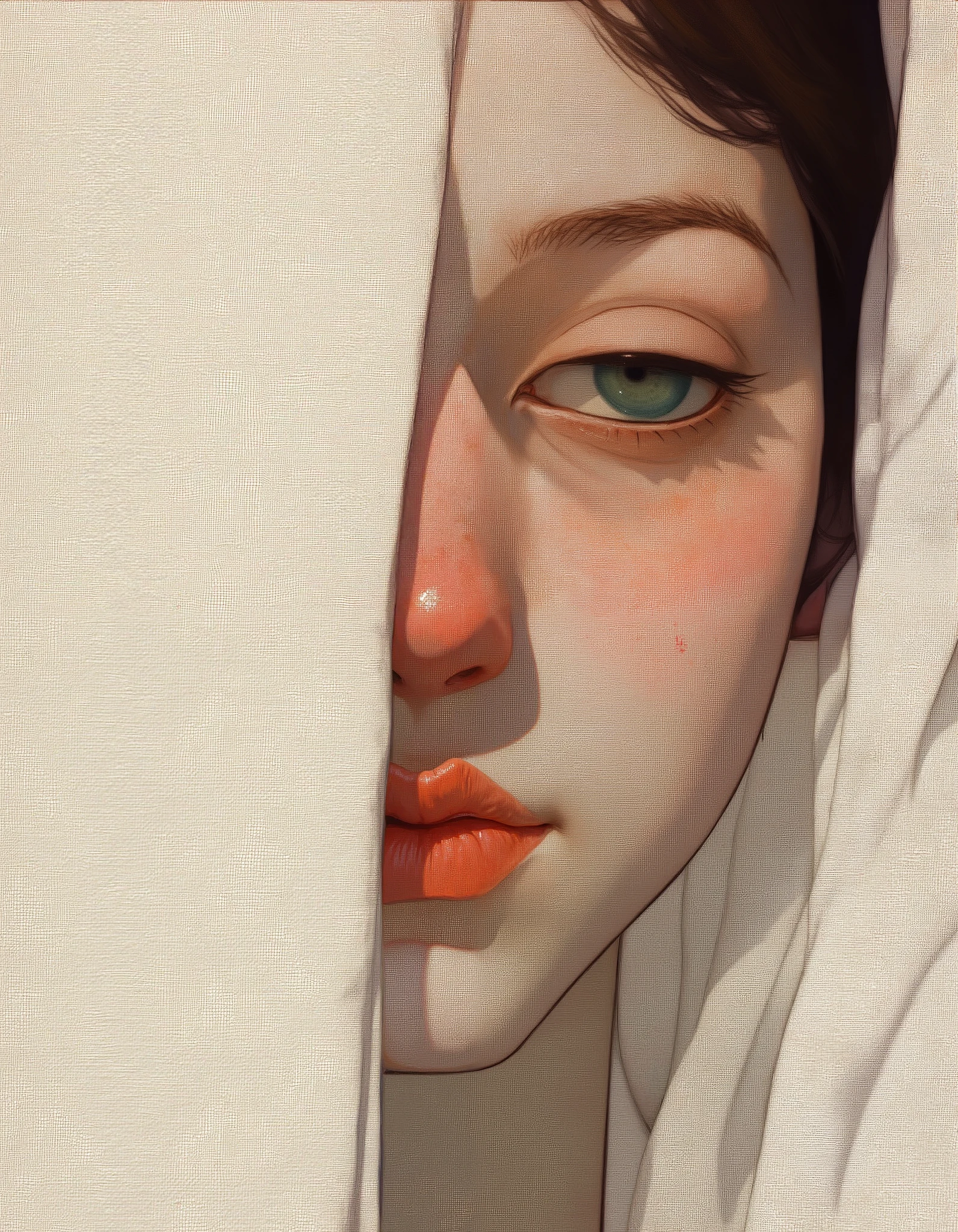 Steve McDonald Art. This image is a highly detailed digital painting featuring a close-up of a young woman's face. The style is realistic yet hyper-realistic, with a focus on texture and lighting. The subject has light skin with a slight blush on her cheeks, and her complexion is smooth with a few freckles. Her eyes are a striking blue-green color, and they are gazing slightly to the left of the frame, giving an introspective or contemplative expression. Her lips are full and slightly parted, with a natural pink hue. 
The woman is wearing a white cloth that drapes over her head and partially covers her face, adding a sense of mystery and intimacy. The texture of the fabric is visible, with subtle folds and creases, and it contrasts with the smoothness of her skin. The background is minimalistic, focusing entirely on the subject's face, and it appears to be a neutral, beige-colored canvas, which enhances the realism and depth of the image. The lighting is soft and natural, with a slight highlight on her cheekbones and nose, giving a three-dimensional effect. The overall mood of the painting is somber and introspective, capturing a moment of quiet reflection. 