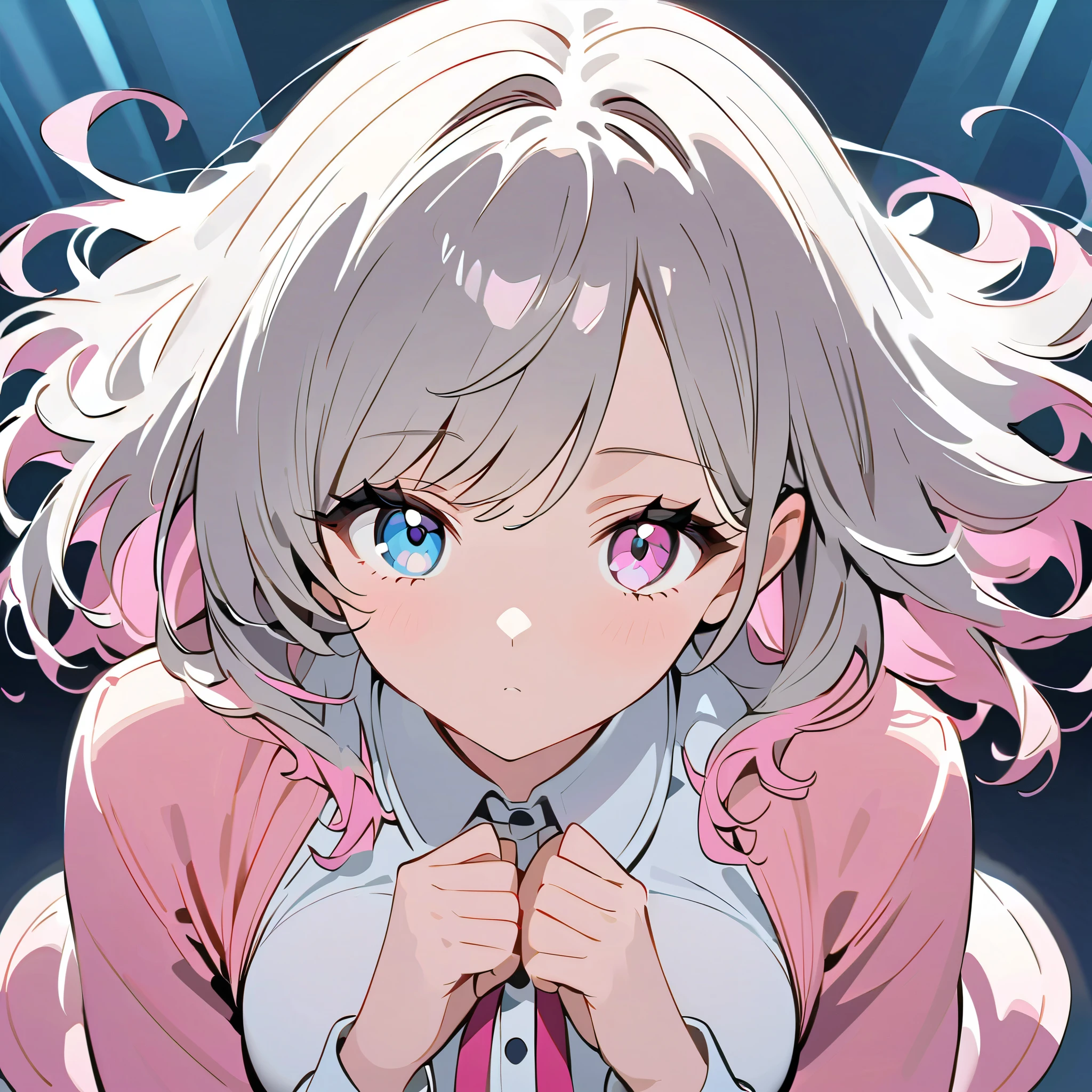 The perfect style for SNS icons, Ultra Precise Illustration , asymmetry bangs, swept bangs.,extends hands、 、{{{ Masterpiece}}}, {{{ top quality}}}, {{ super detailed }}, {beautiful detailed eye}, 1 girl , alone, (( gray hair)),(bangs), angles from above、 girl ,Midea,eye、 dynamic angle 、Long gray hair、 pink hair 、 alone、 medium hair 、白い medium hair 、 long hair、 bob hair、 } white collar long sleeve pink shirt {x} 肩くらいまで伸びる gray hair 、 pink hair with pink tips 、 medium hair ー、 hair inner color is pink 、 hair down shoulders 、 pretty girl 、Detailed eye 白銀ノエル、 hair down shoulders 、 alone、 1 girl 、E art style 、 The light shines 、Beautiful Shadows、 alone、