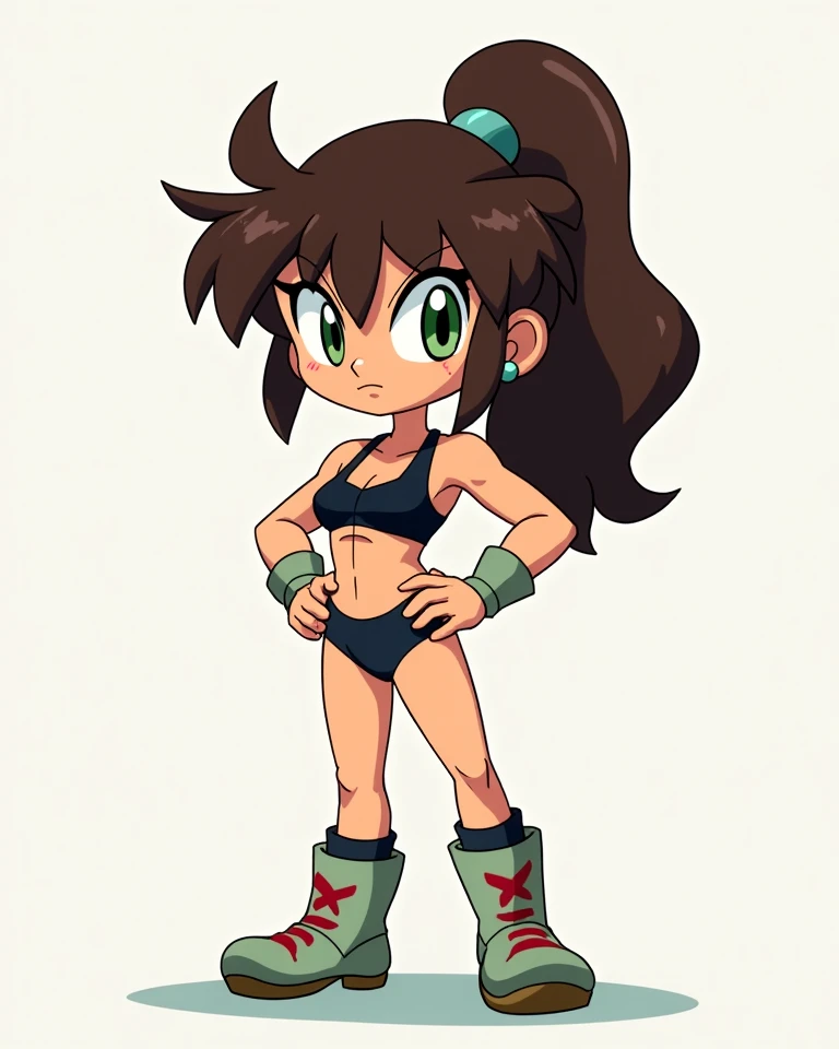 Skullgirl game art style, squirrel girl, squirrel fuse with female body, cute sexy outfit, game character style, dark hair, fighting mode. Fluffy body.