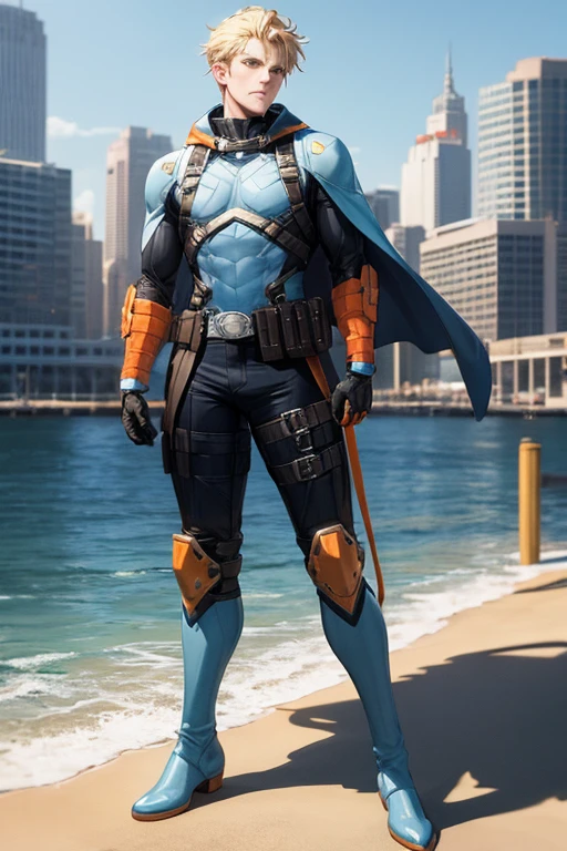 Arad man in white and blue clothes standing by the sunny sea, muscular male hero, conceptual art like Ernest Khalimov, heroic male pose, muscular! Wearing black sunglasses, round head Buzz Cut, cyberpunk, stealth suit, symmetrical floral texture design, super buff and cool, high resolution commission, Chris Redfield, Jigachard muscle, Ernest Khalimov body, character design police, black military boots, charismatic strong male with armor