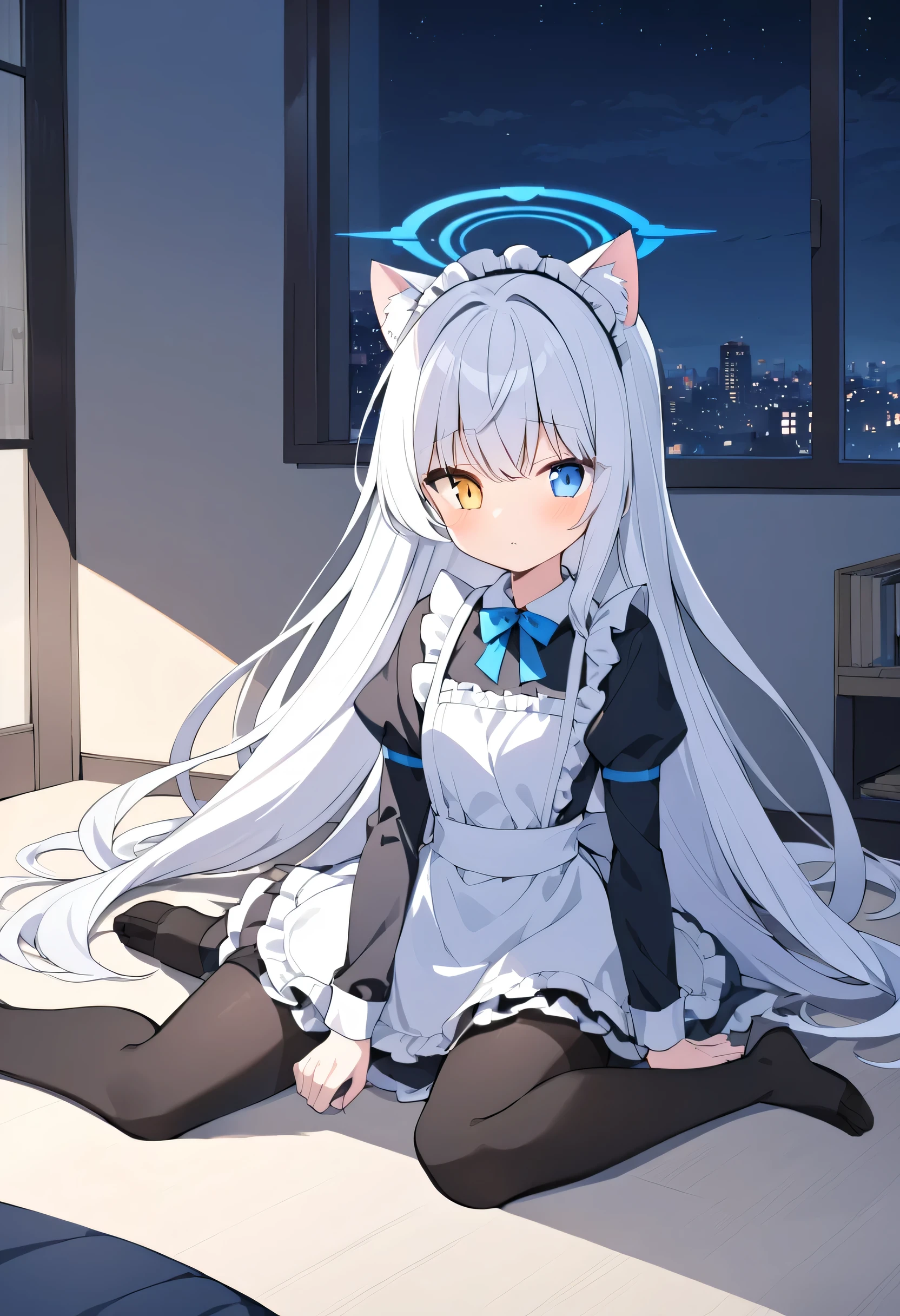 white hair ,Extra long hair,Heterochromia(Left blue right yellow), maid outfit( Wally Bell's ), alone,Cat ears, blue halo, black pantyhose,living room,night,Sitting on the ground